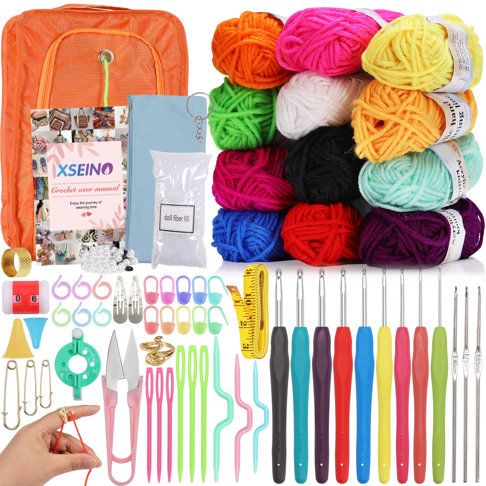 XSEINO Crochet Kit with Crochet Hooks Yarn Set - Premium Bundle Includes 12  Colors Crochet Yarn Balls