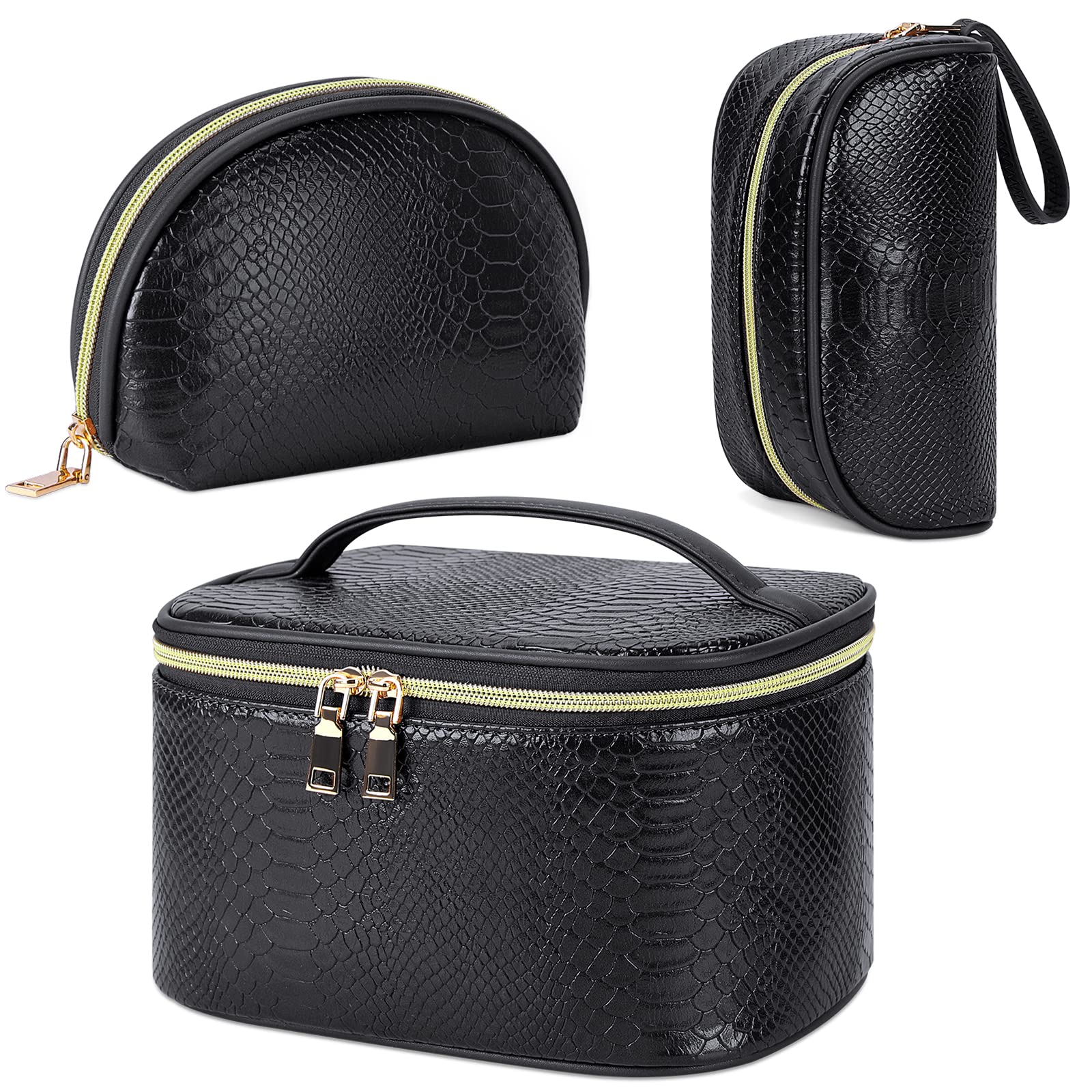 Makeup Bag 3Pcs for Women Portable Travel Cosmetic Bag Waterproof Leather  Makeup Organizer Bag Large Toiletry