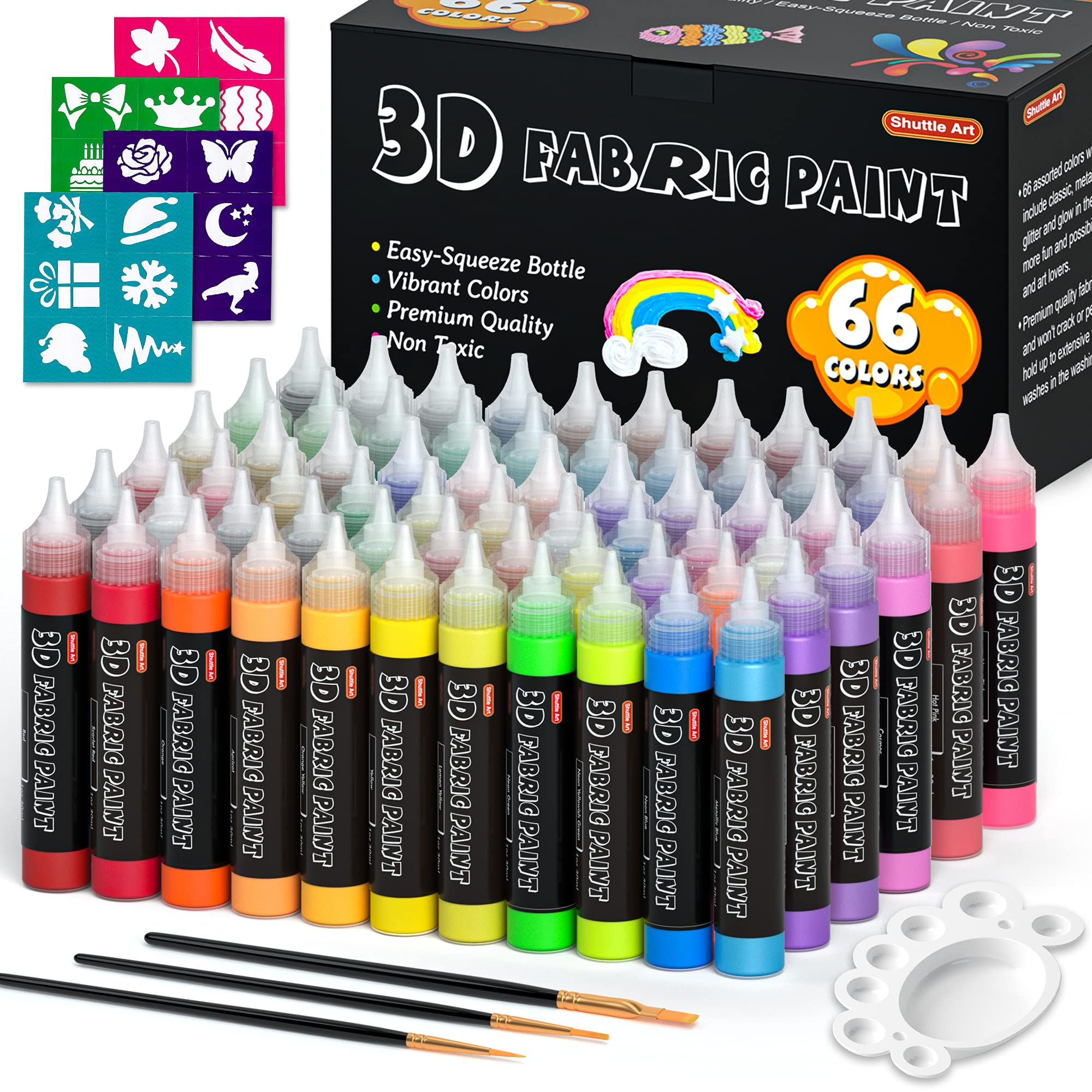 66 Colors Fabric Paint Shuttle Art 3D Fabric Paint with Stencil and Brushes  Permanent Textile Paint Includes Neon Metallic Glitter and Glow in the Dark  Paint Ideal for Clothing and DIY Decoration