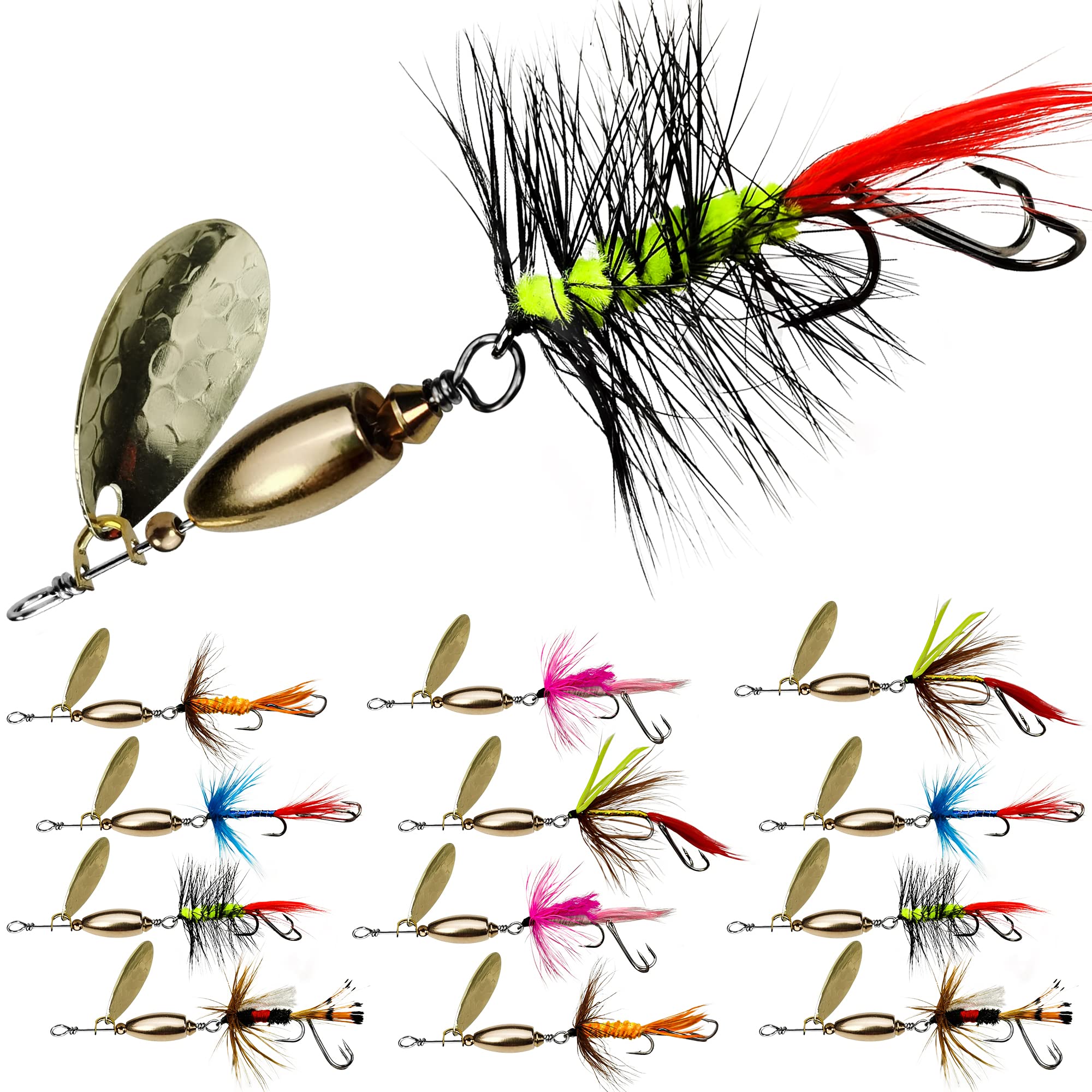 VMSIXVM Rooster Tail Fishing Lures, Spinner Baits Lure for Bass Trout Salmon  Pike, Trout Spinnerbaits Fly Strikers Lure with Brass Spinner Blade for  Freshwater Saltwater A4-12pcs-1/4oz