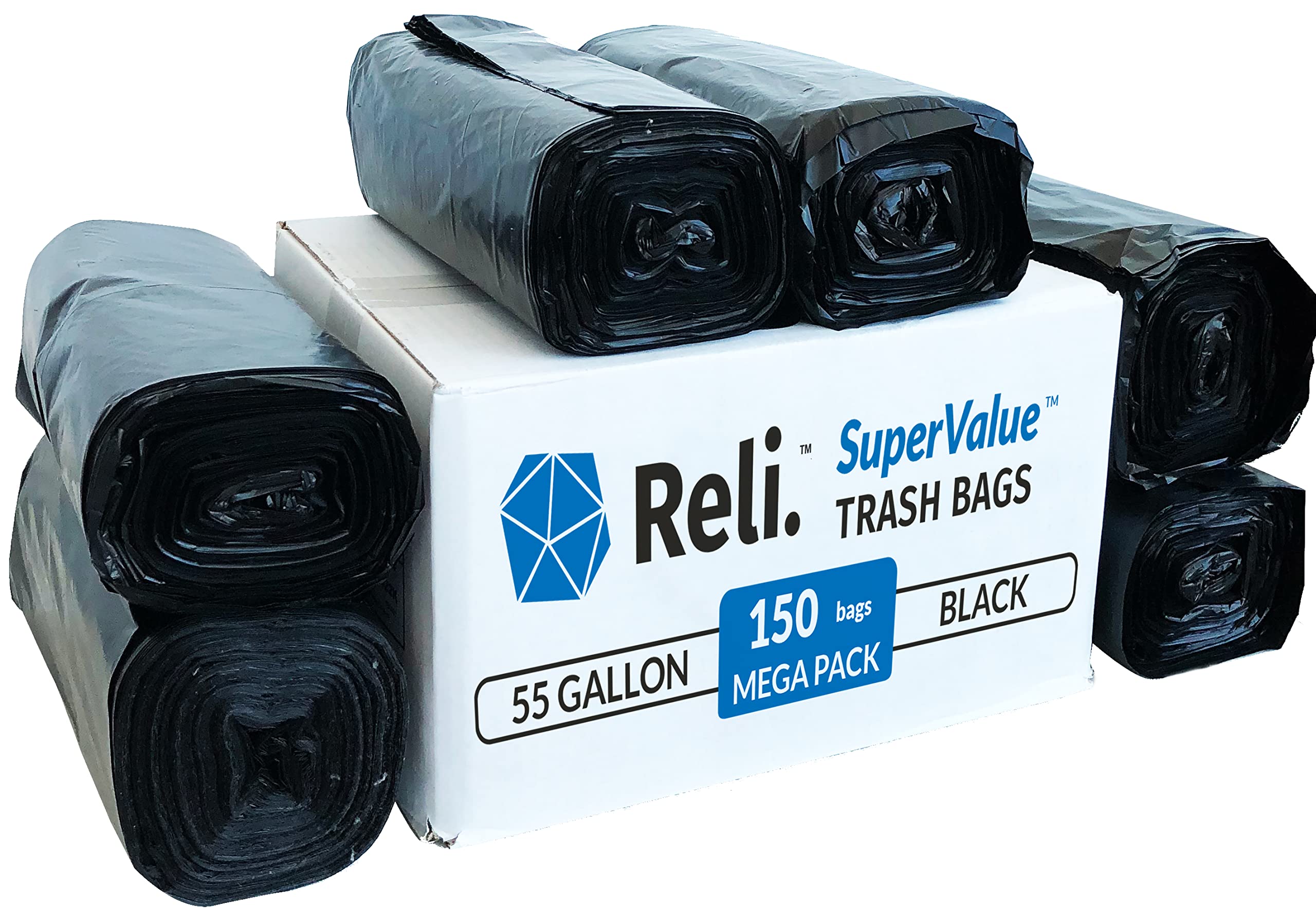 Reli. Prograde Contractor Trash Bags 55 Gallon (20 Bags w/Ties) Black 55 Gallon Trash Bags Heavy Duty, Garbage