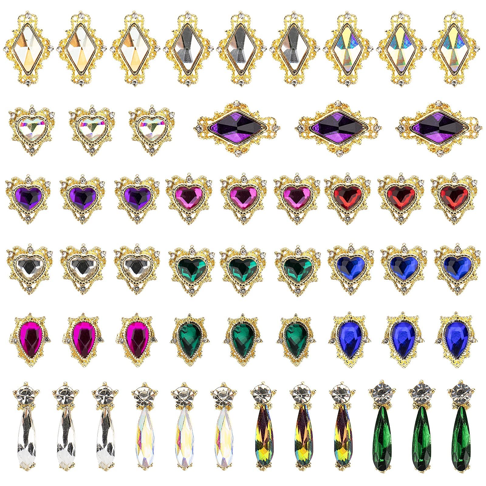 JIEPING 54PCS Nail Art Rhinestones 3D Nail Charms Gems Decorations Big AB  Iridescent Crystal Jewels Gold Chrome Metal Alloy Hearts Drops Charm for  DIY Multiple shapes colorful gem