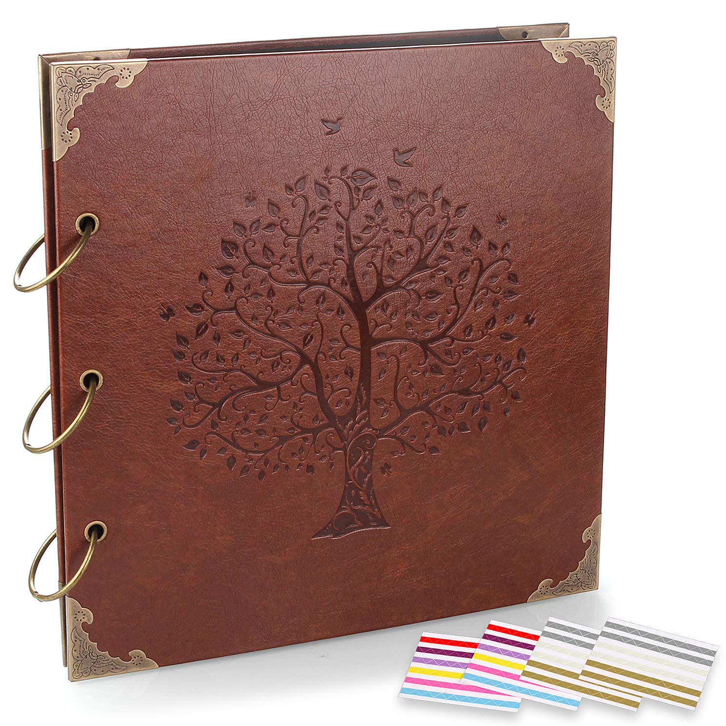 ADVcer Photo Album DIY Scrapbook (10x10 inch 50 Pages Double Sided) Vintage  Leather Cover Three-Ring Binder Family Picture Booth with 9 Color 408pcs  Self Adhesive Photos Corners for Memory Keep Tree 01