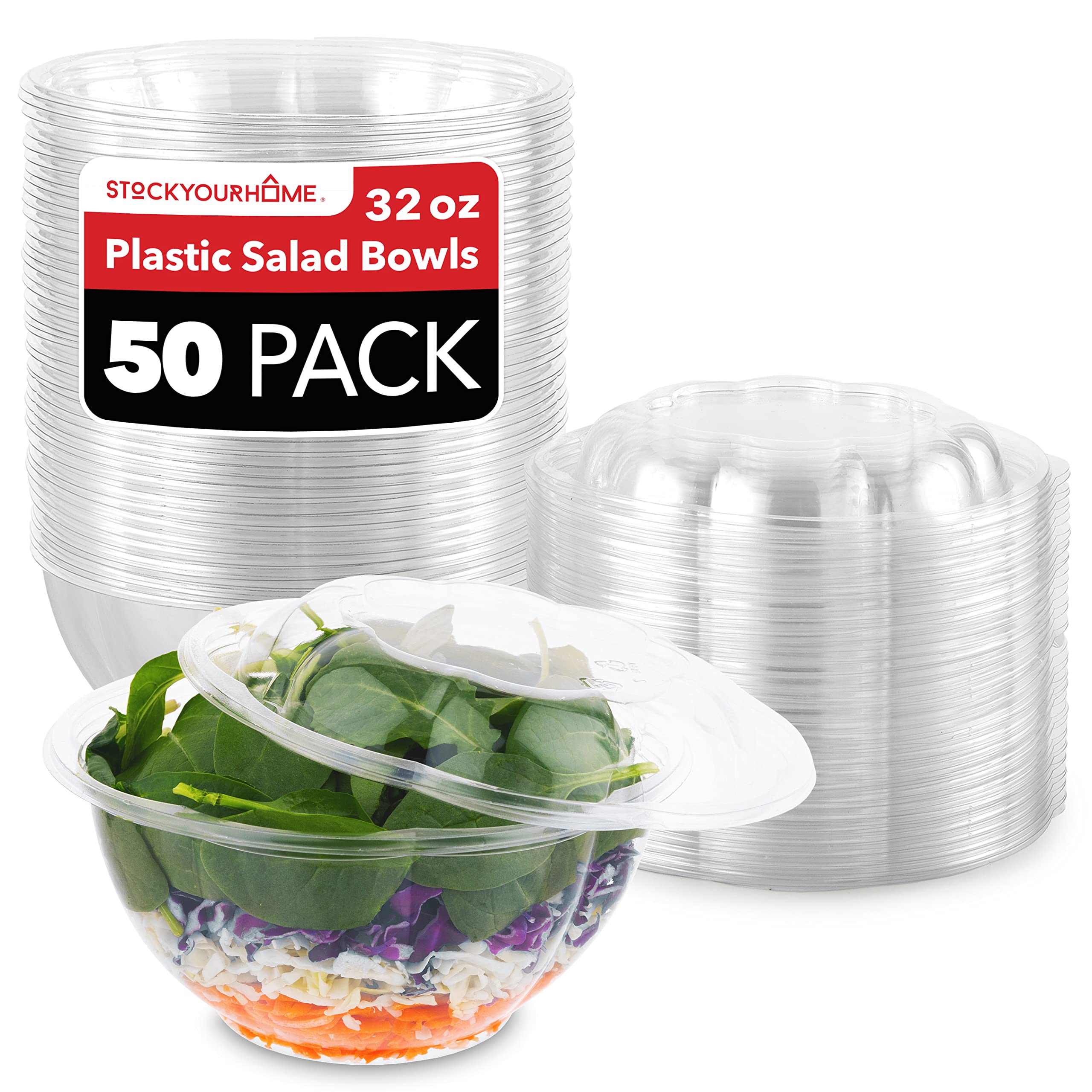 50 Pack Salad Container for Lunch Disposable Salad Bowls with Lids - 48 oz Clear Plastic Bowls with Lids to Go - Airtight Leak Resistant Round Meal