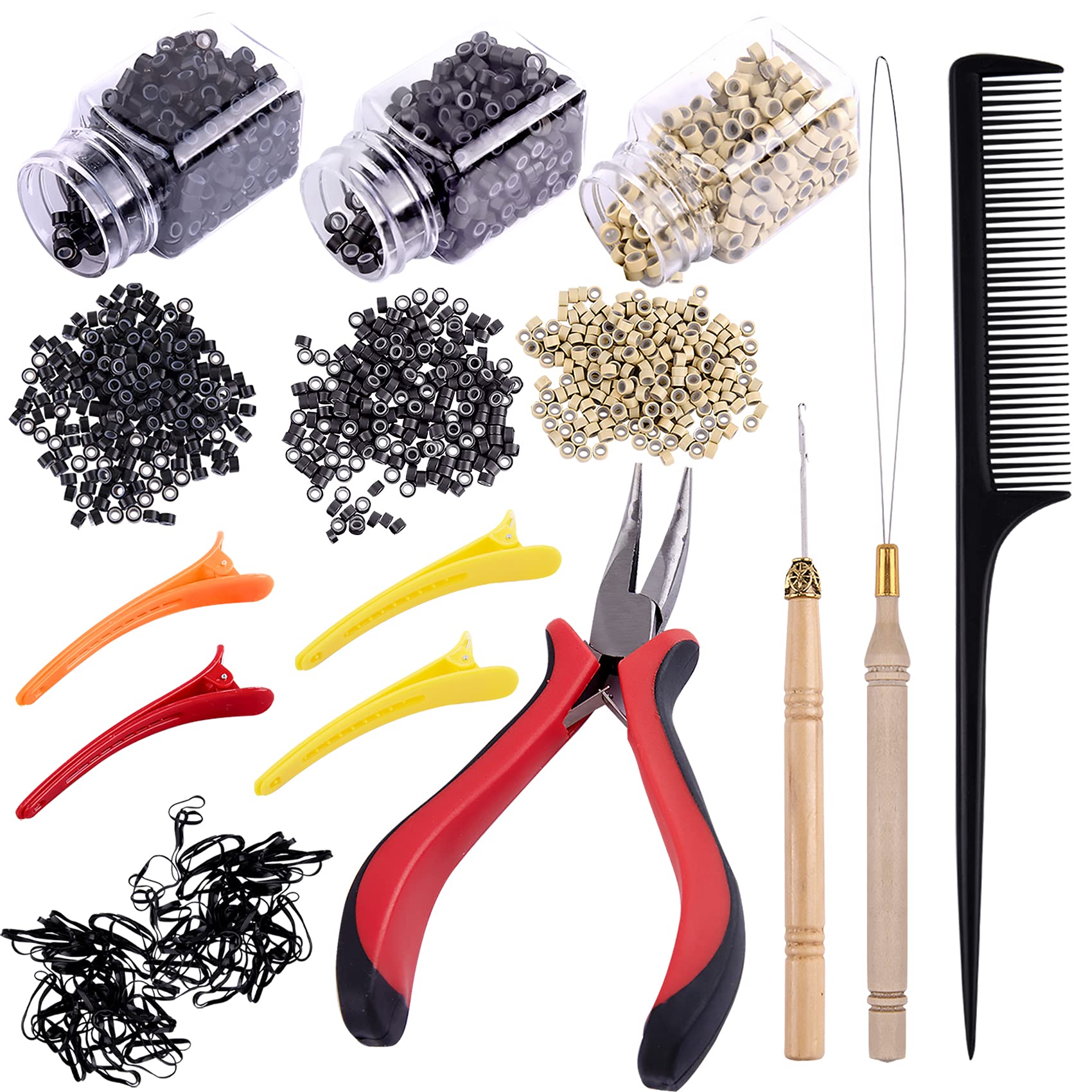 Duufin Hair Extensions Kit 1500 Pcs Micro Link Rings Bead(Black