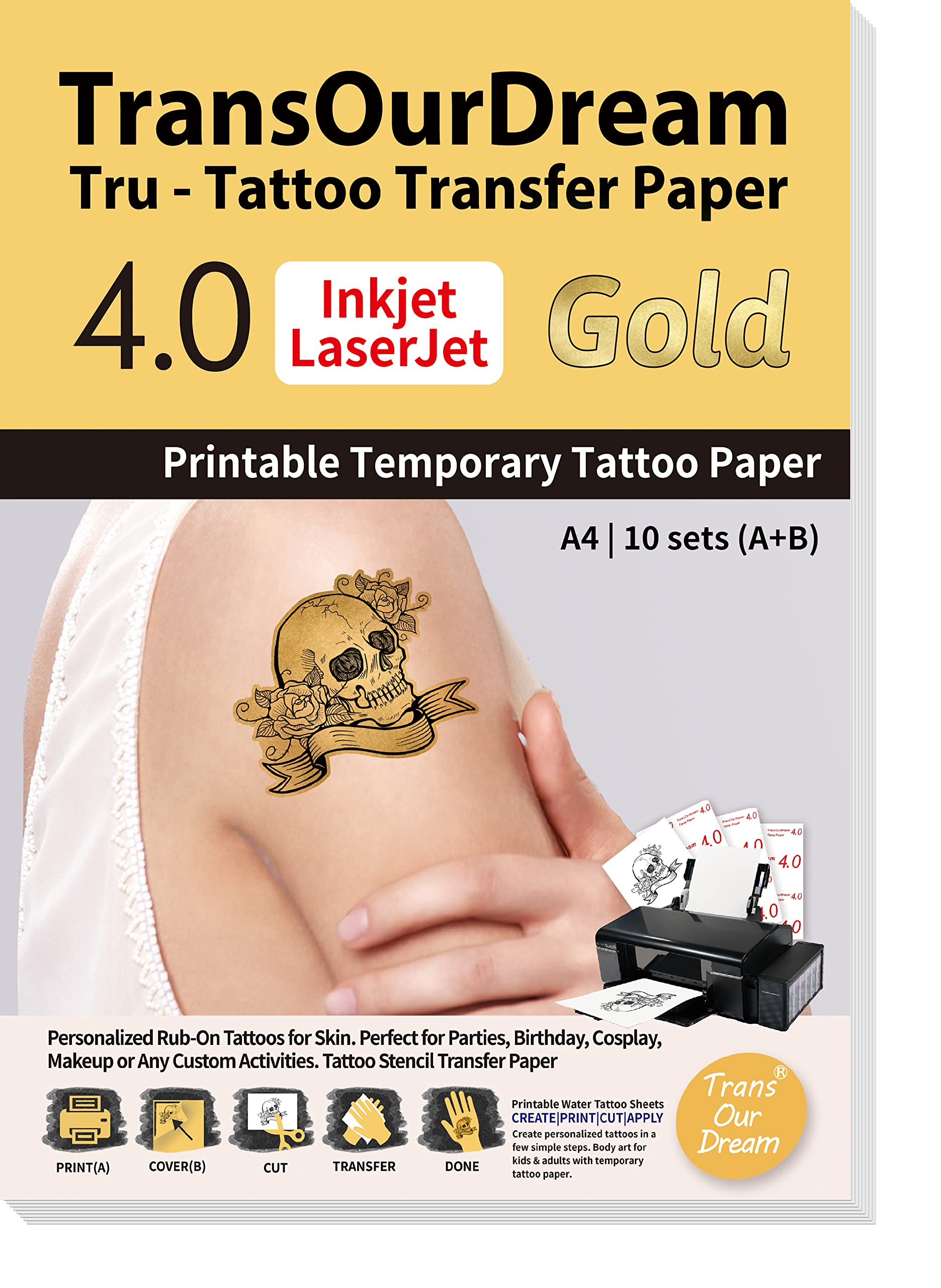 TransOurDream Gold Printable Temporary Tattoo Transfer Paper for Inkjet &  Laser Printer (A+B per