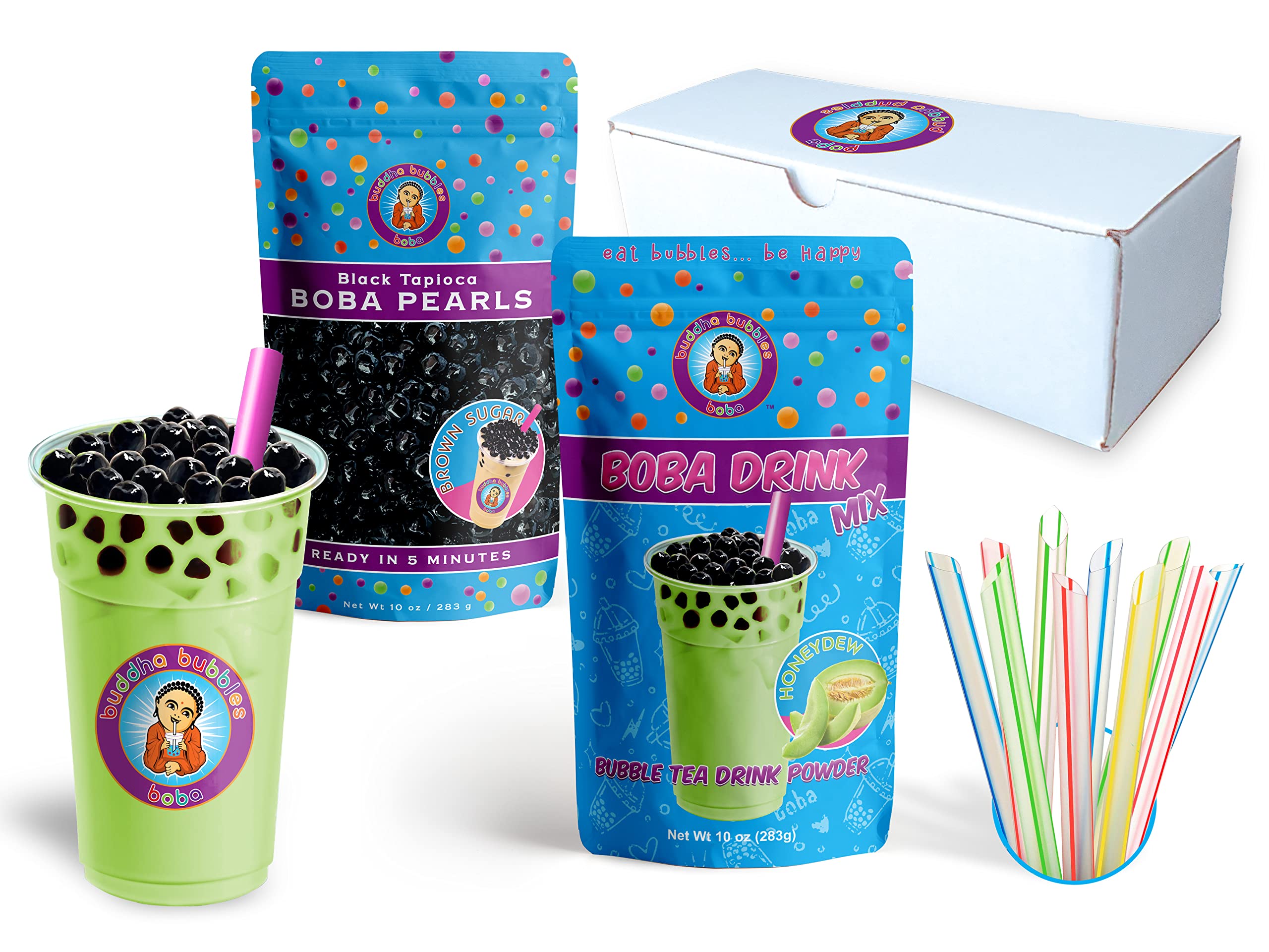 HONEYDEW MELON Boba Tea Kit / Gift Box Includes Tea Powder, Tapioca Pearls  & Straws By Buddha Bubbles Boba