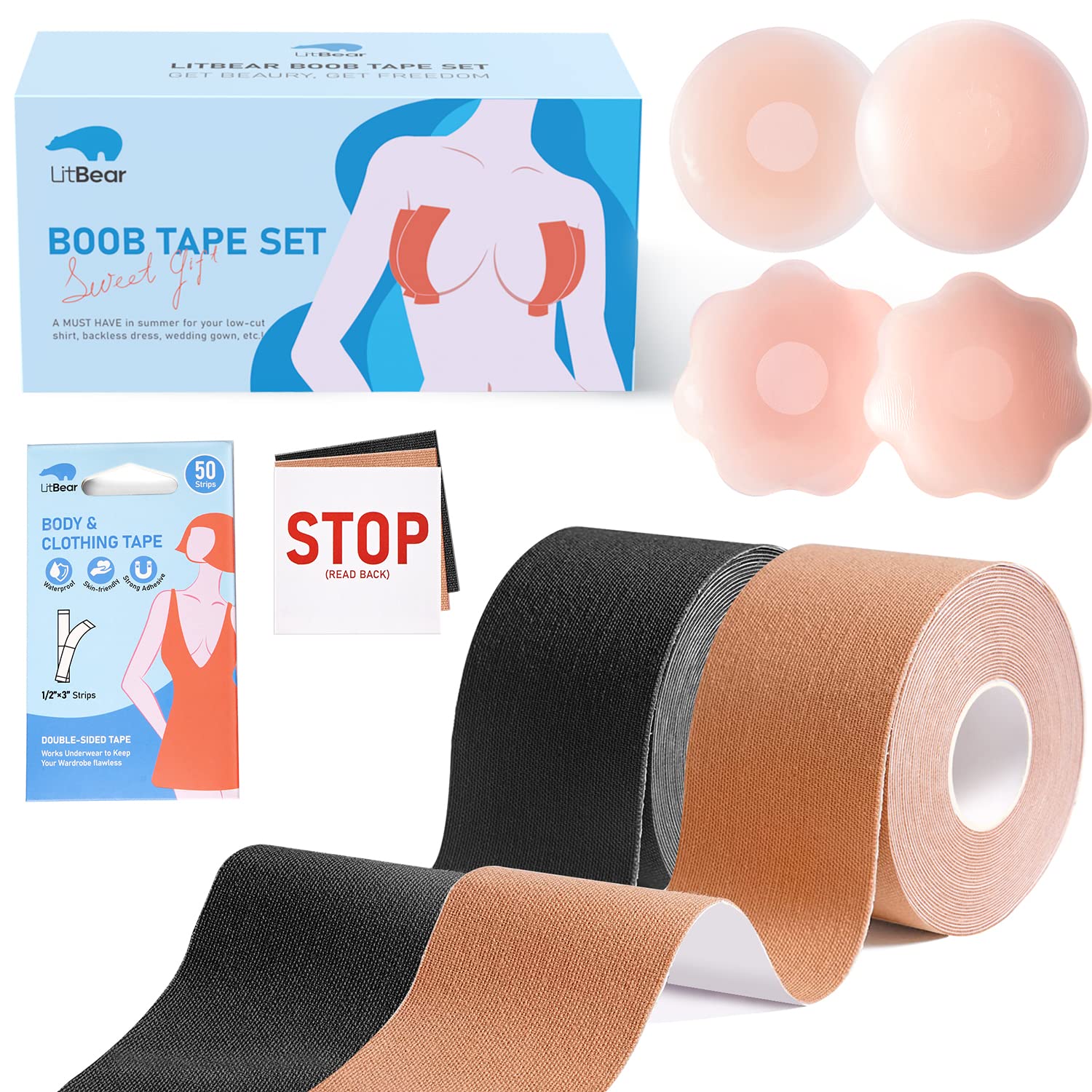 2 Pack Boob Tape - Breast Lift Tape, Body Tape for Breast Lift w 2 Pairs  Silicone Breast Petals Reusable Adhesive Bra & 50 PCS Double Sided Tape,  Bob Tape for Large