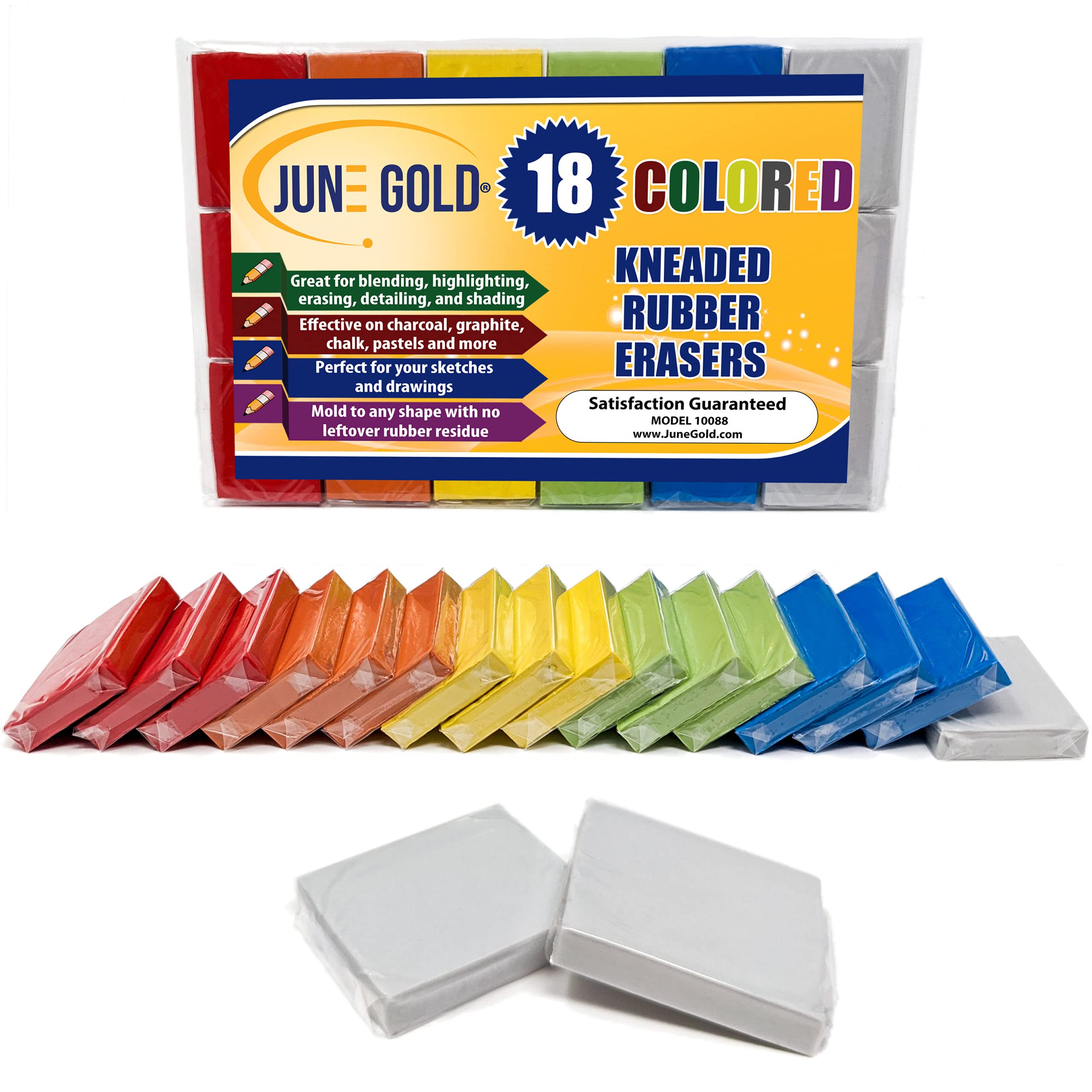 June Gold Kneaded Rubber Erasers Colored 18 Pack - Blend Shade Smooth  Correct and Brighten Your Sketches and Drawings
