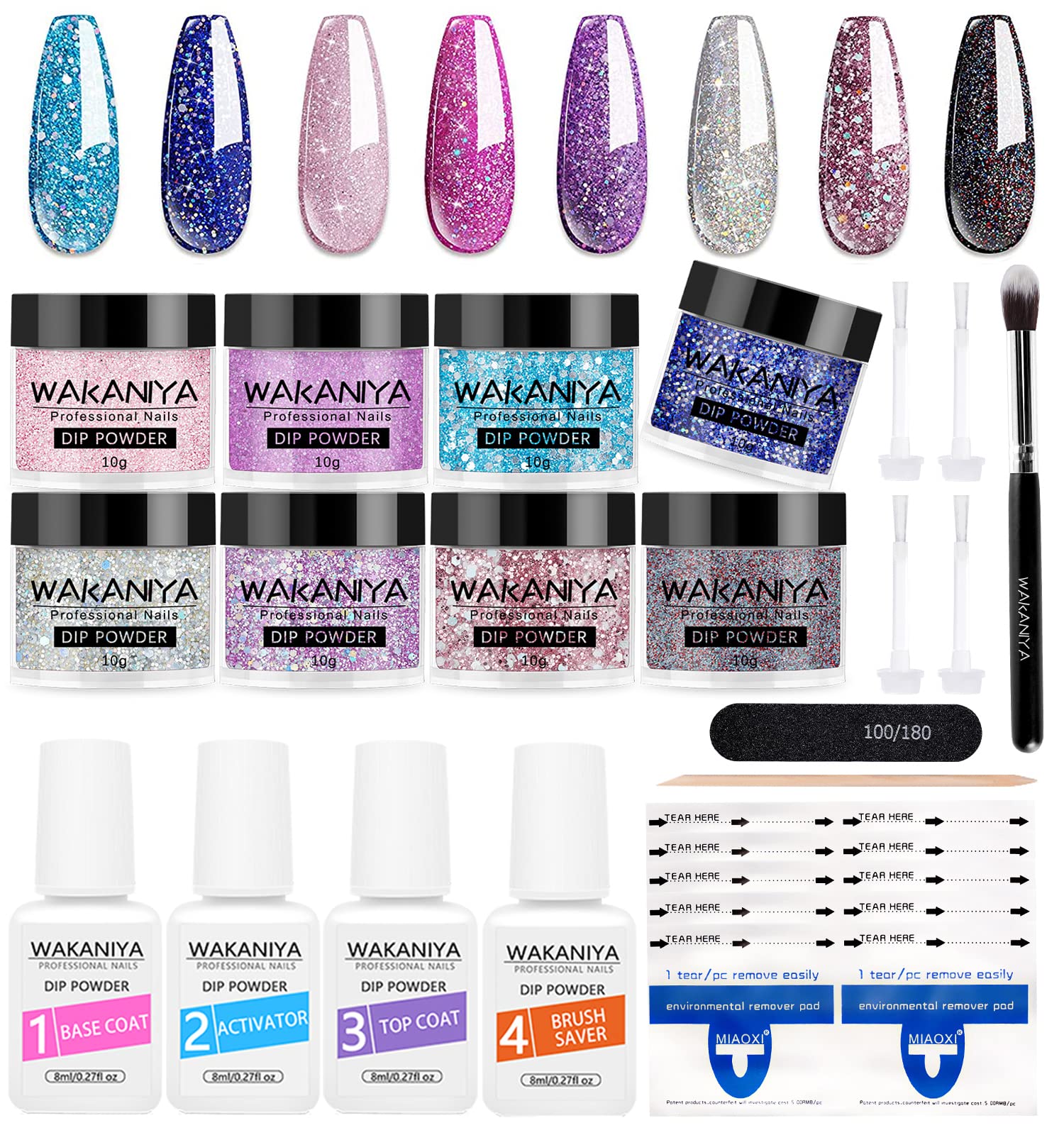 wakaniya Nail Dip Powder Kit 8 Colors Glitter Purple Galaxy Nails Powder  Set with Liquids Base Top Coat Nail Remover Pads Dip Nails Starter Kit with  Everything for Beginners Manicure and French