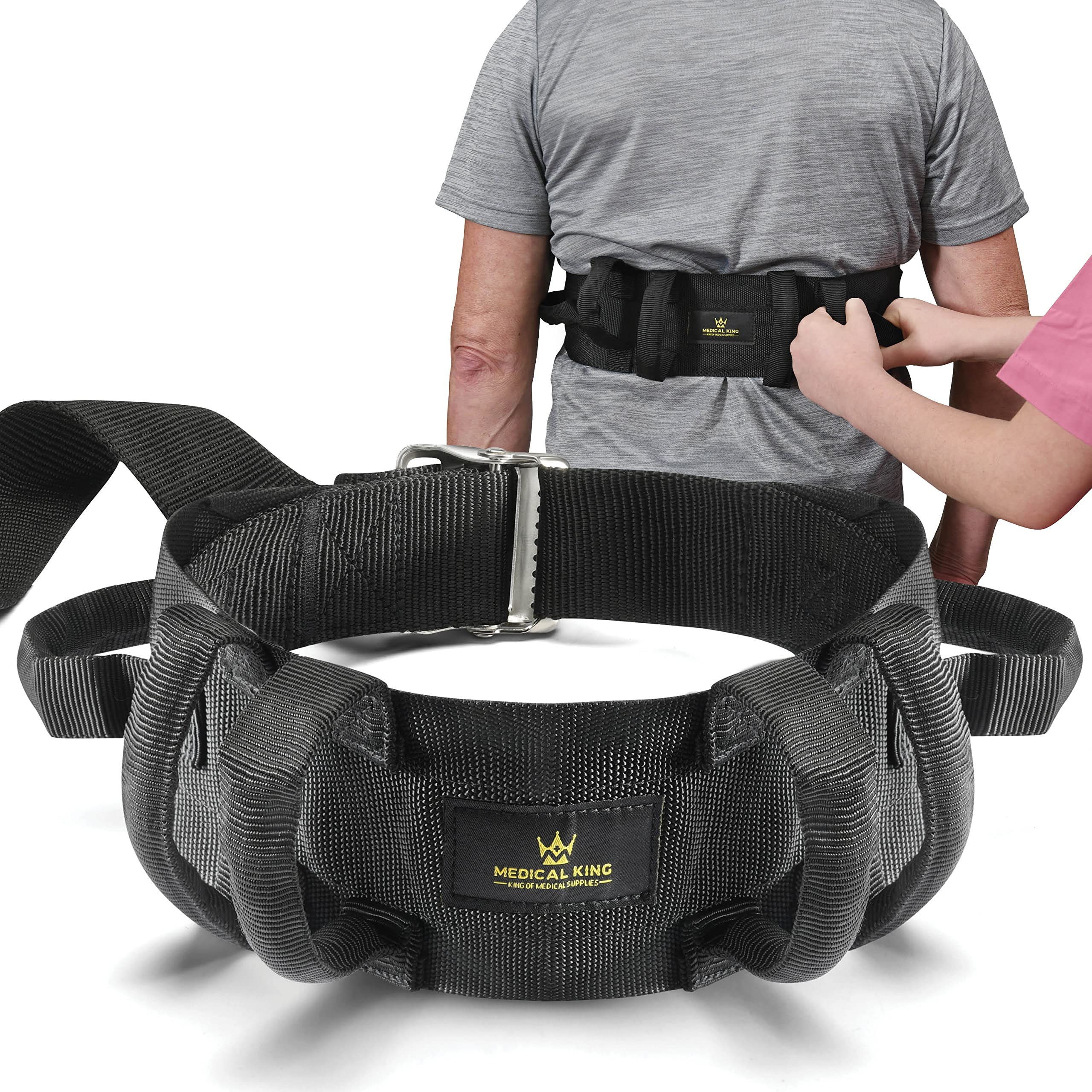 Transfer Belt Fle to unlock - 50 holds up 500 LBS - or Lifting Seniors -  Gait Belt With 6 Handles - Great lift belt for elderly therapy handicap  etc. walking and standing - easy buckBy medical king