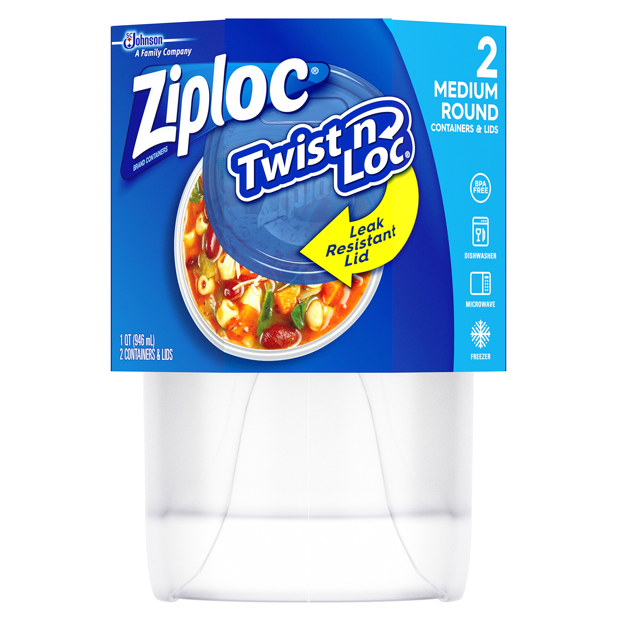 Ziploc Twist 'n Loc Containers for Food, Travel, and Organization,  Dishwasher Safe, Medium Round, Pack of 2