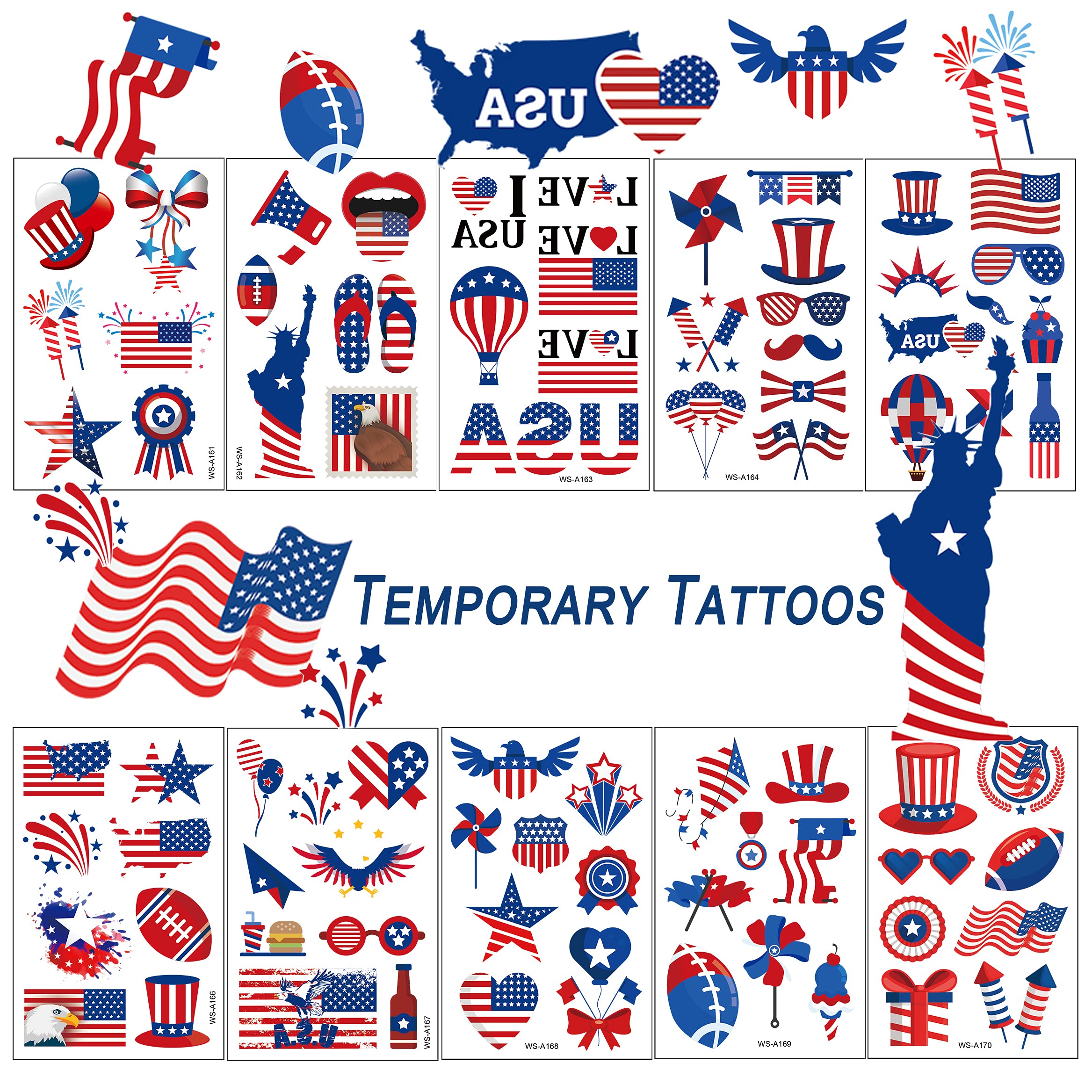 TopFunny Temporary Tattoos 90Pcs Independence Day Tattoos (10 Sheets) American Flag Red White & Blue Design USA Body Art Patriotic Stickers for Labor Day Memorial Day Decoration Party Supplies Flags USA Flag