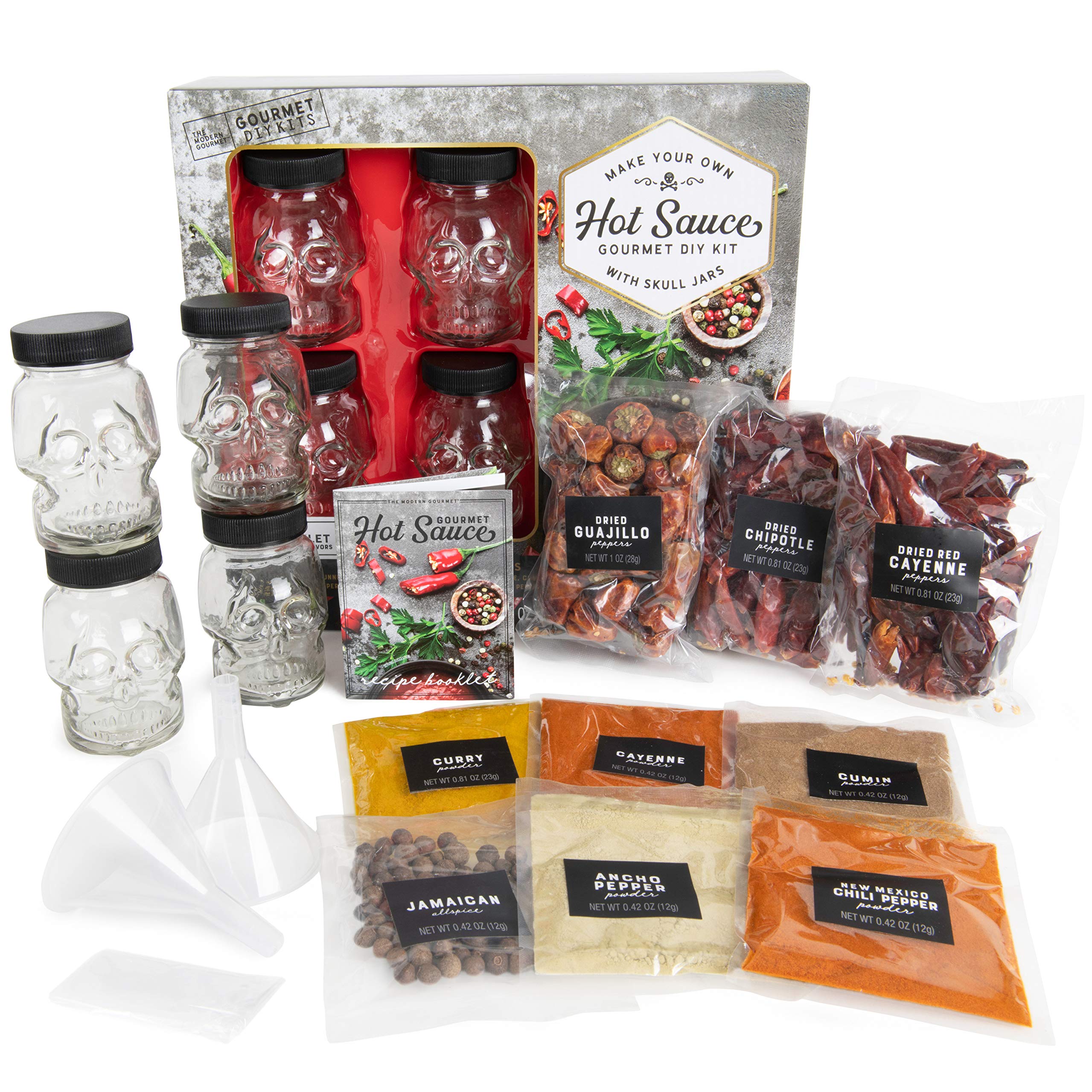 Thoughtfully Gourmet DIY Hot Sauce Set Hot Sauce Making Kit Includes 4  Skull Shaped Reusable Glass Jars 2 Funnels Seasonings Gloves and Recipe  Book to Make Your Own Hot Sauce