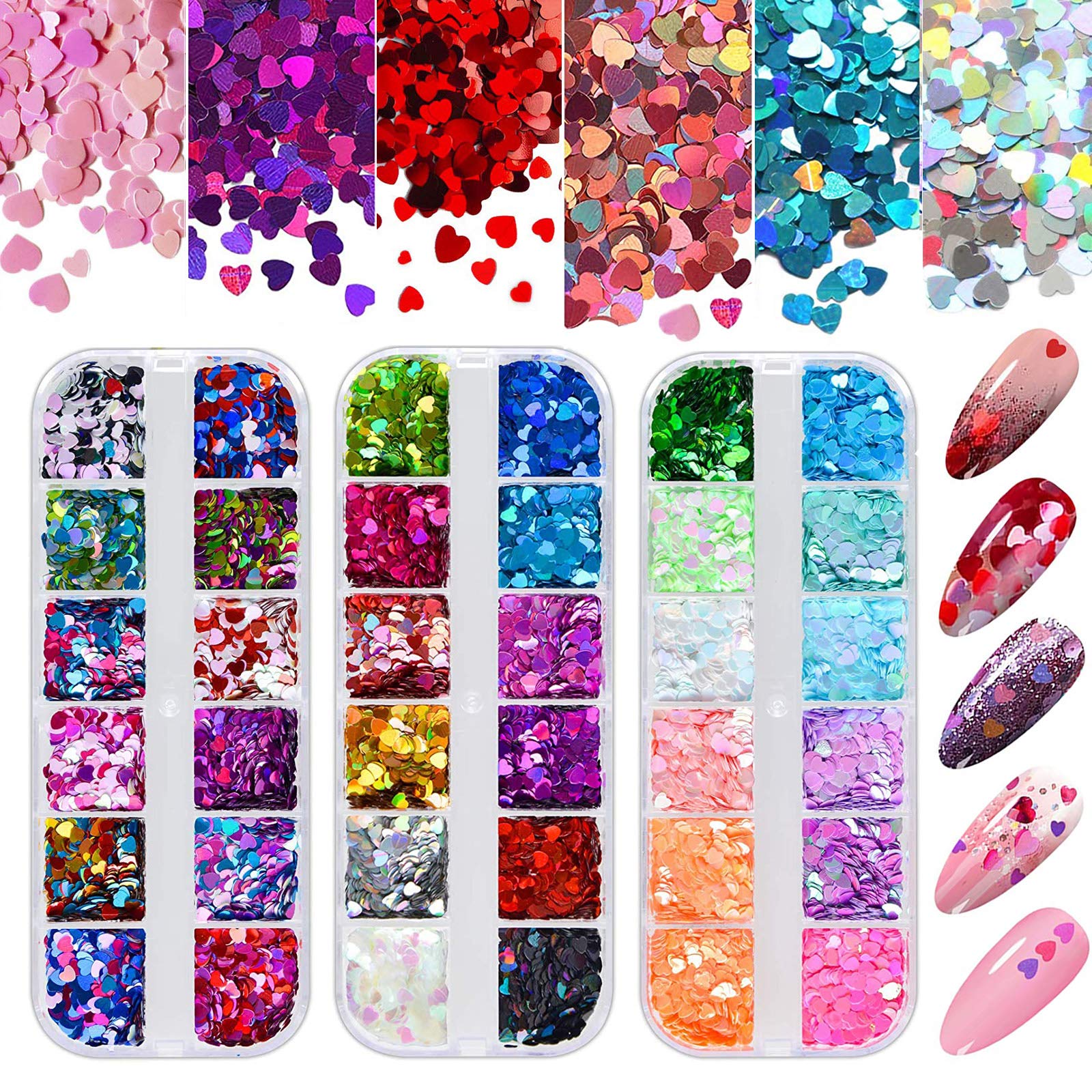 Kalolary 36 Boxes 3D Heart Nail Art Sequins Glitter, Colorful Heart Shaped  Nail Glitter Sequins Acrylic