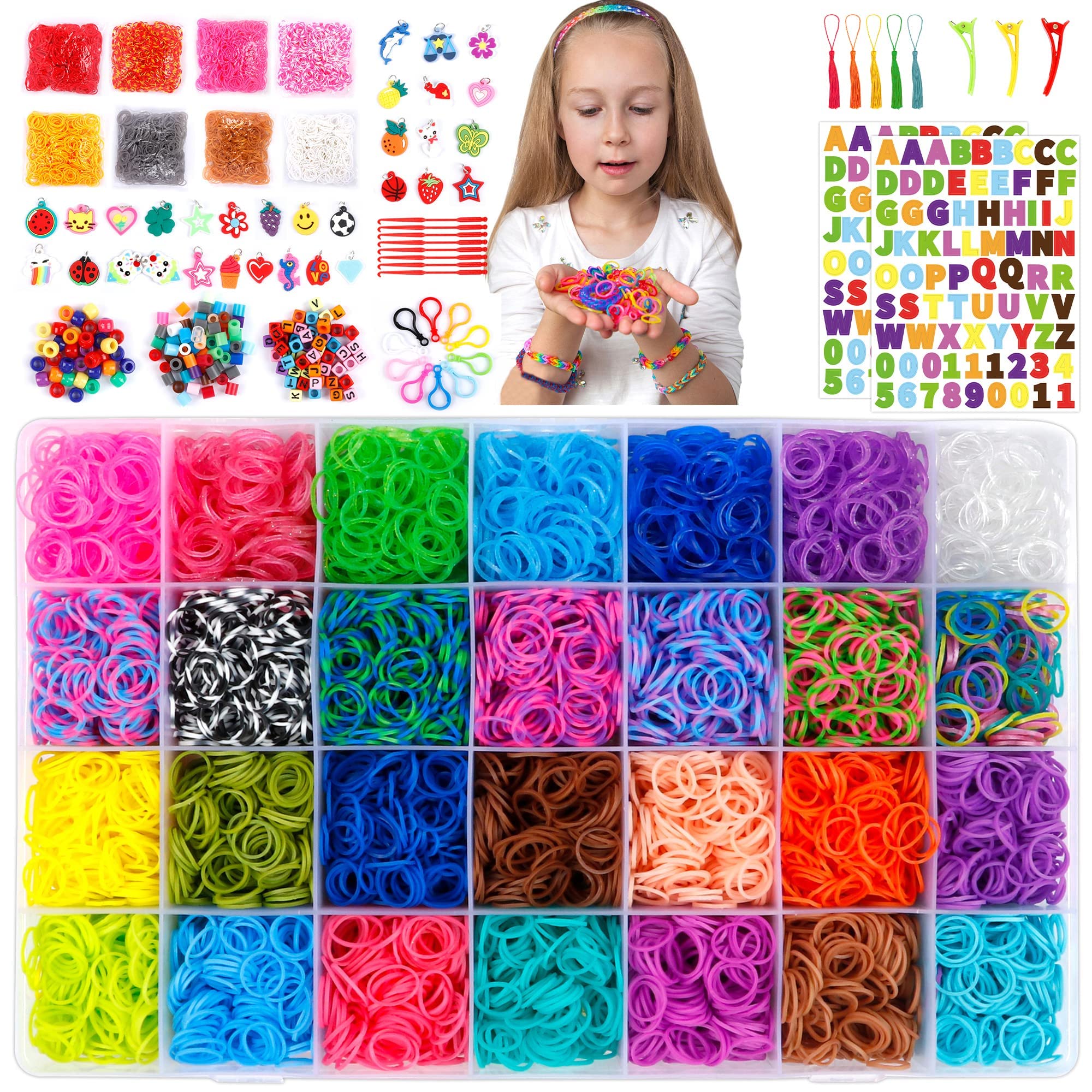 18,980+ Rubber Bands Refill Loom Kit, 37 Colors Loom Bands, 600 S-Clips,  252 Beads, Tassels, 10 Backpack Hooks, Crochet Hooks and ABC Stickers