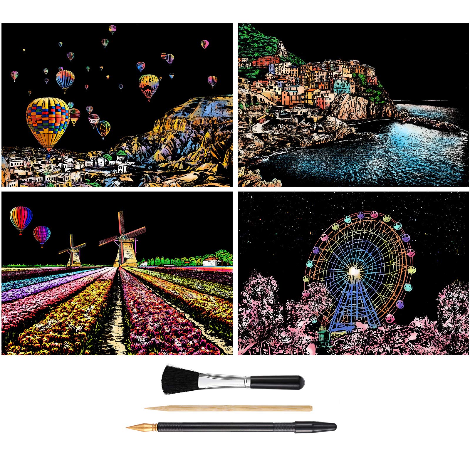 BOTEEN Scratch Art Painting Rainbow Paper,City Night View Scratchboard for Adults and Kids,Scratch&Sketch Art Drawing Paper Creative DIY Gifts&am