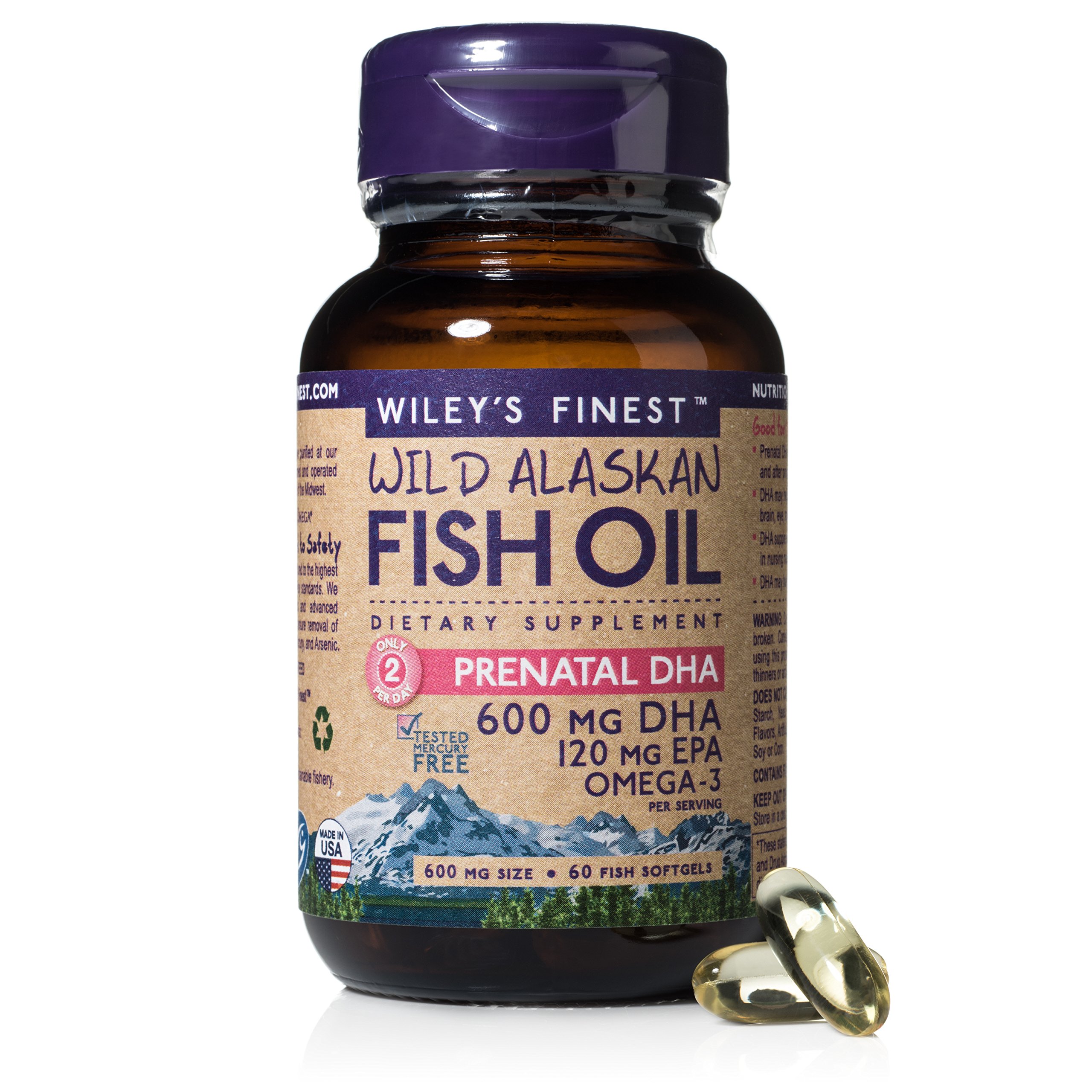 Wiley's Finest Wild Alaskan Fish Oil Prenatal DHA 600 mg 60 Fish Softgels
