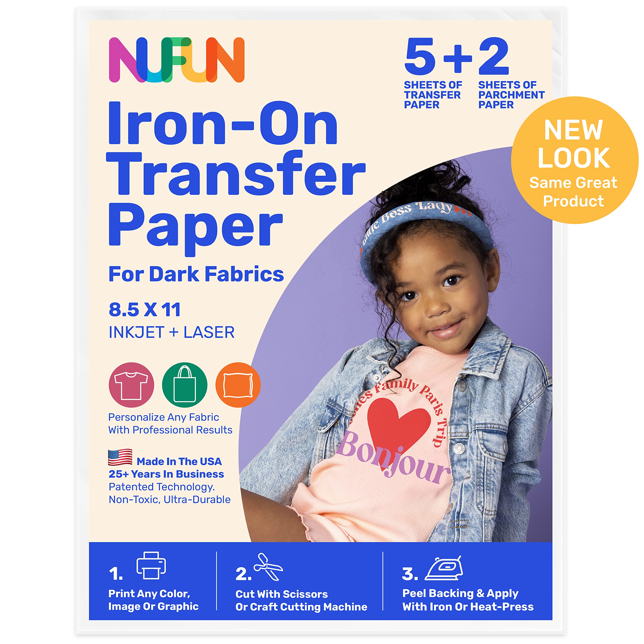 NuFun Activities Printable Iron-on Heat Transfer Paper for T Shirts Dark  Fabrics 5 Sheets 8.5 x 11 inch Long Lasting Durable Professional Quality  Easy DIY Non-Toxic Made In the USA
