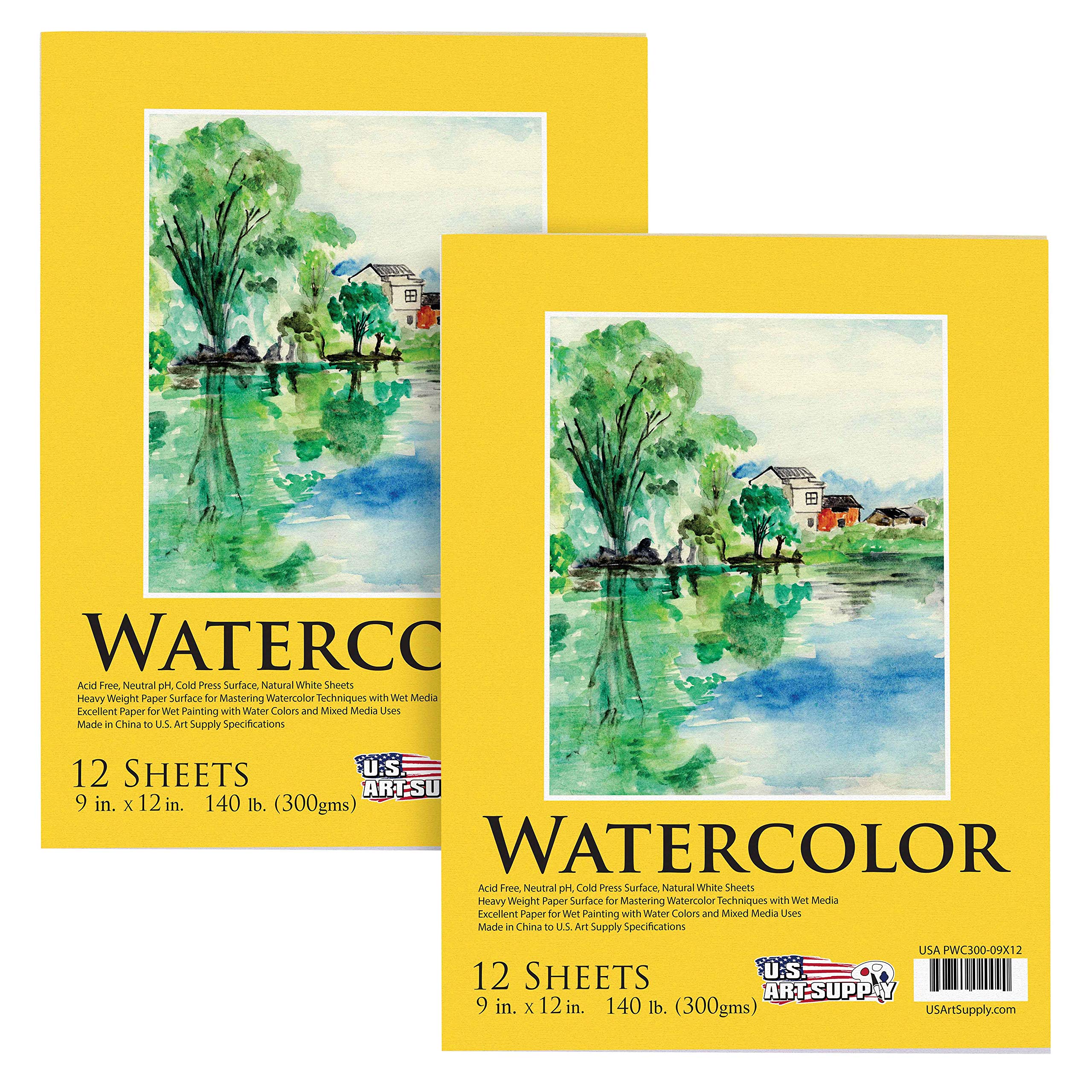 U.S. Art Supply 9 x 12 Premium Heavyweight Watercolor Painting Paper Pad,  Pack of 2, 12 Sheets Each, 140 Pound (300gsm) - Cold Pressed, Acid-Free,  Wet, Dry & Mixed Media - Artists