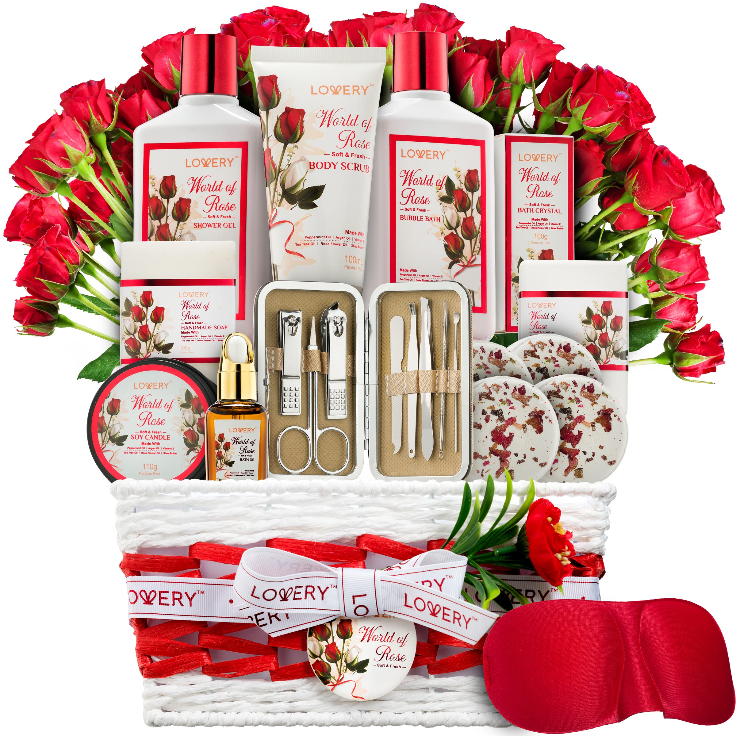Spa Gifts for Women, Bath and Body Gift Set, Red Rose Gift Basket, 35Piece  Stress Relief