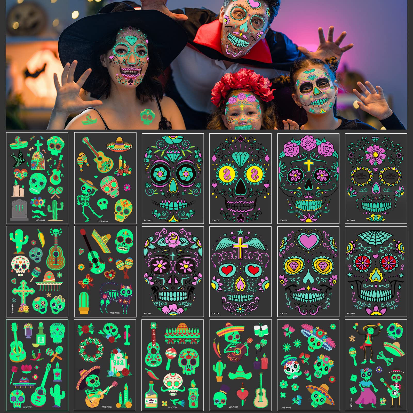 18 Sheets Halloween Temporary Face Tattoos Luminous Glow in the