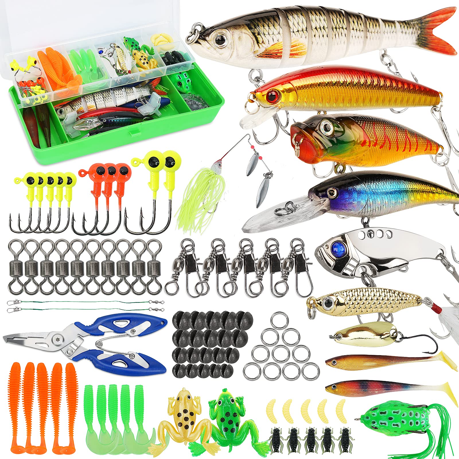 Fishing Lures Tackle Box Bass Fishing Kit,Saltwater and Freshwater Lures  Fishing Gear Including Fishing Accessories and Fishing Equipment for Bass, Trout, Salmon 92pcs Fishing Tackle Box