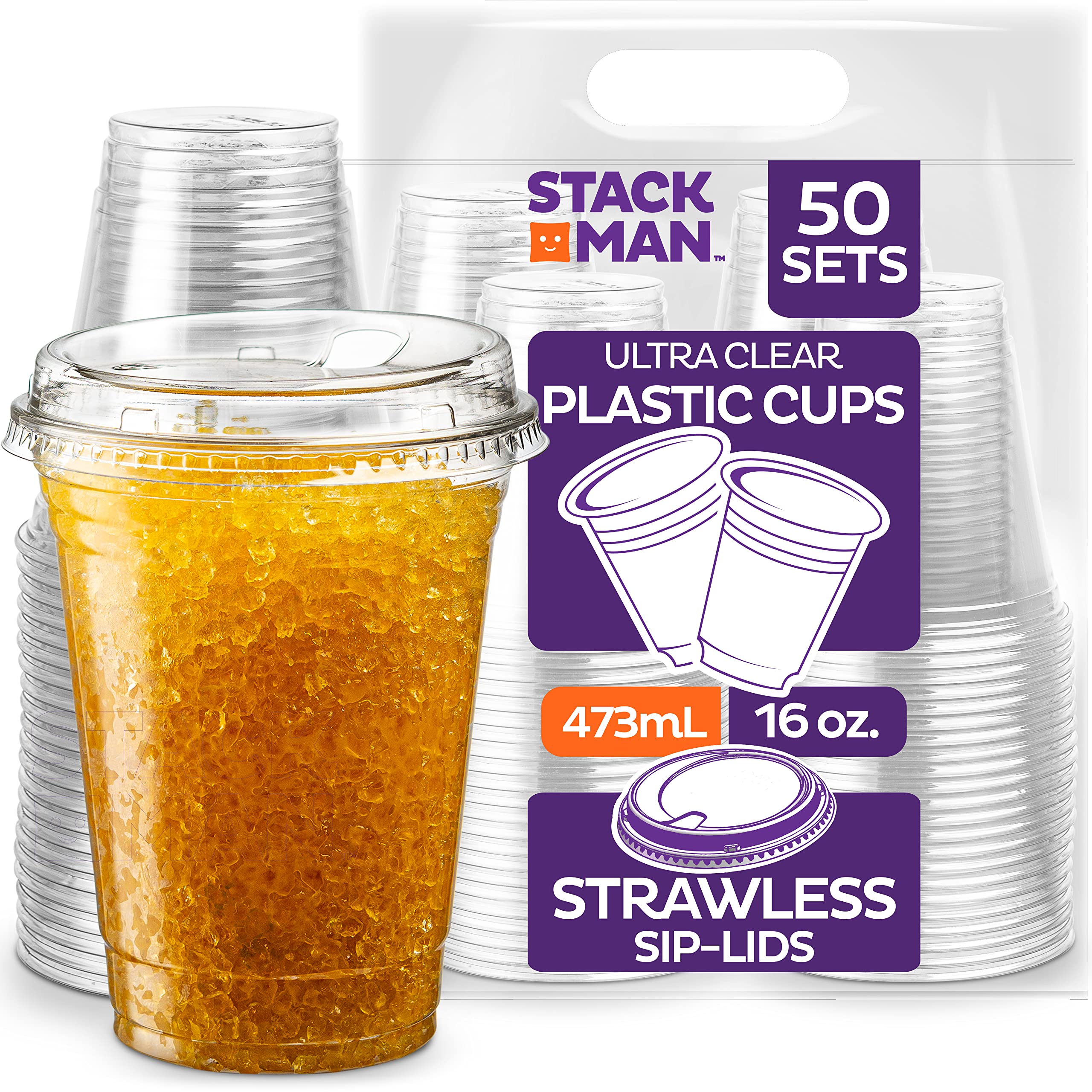 16 oz. Clear Cups with Strawless Sip-Lids, 50 Sets PET Crystal