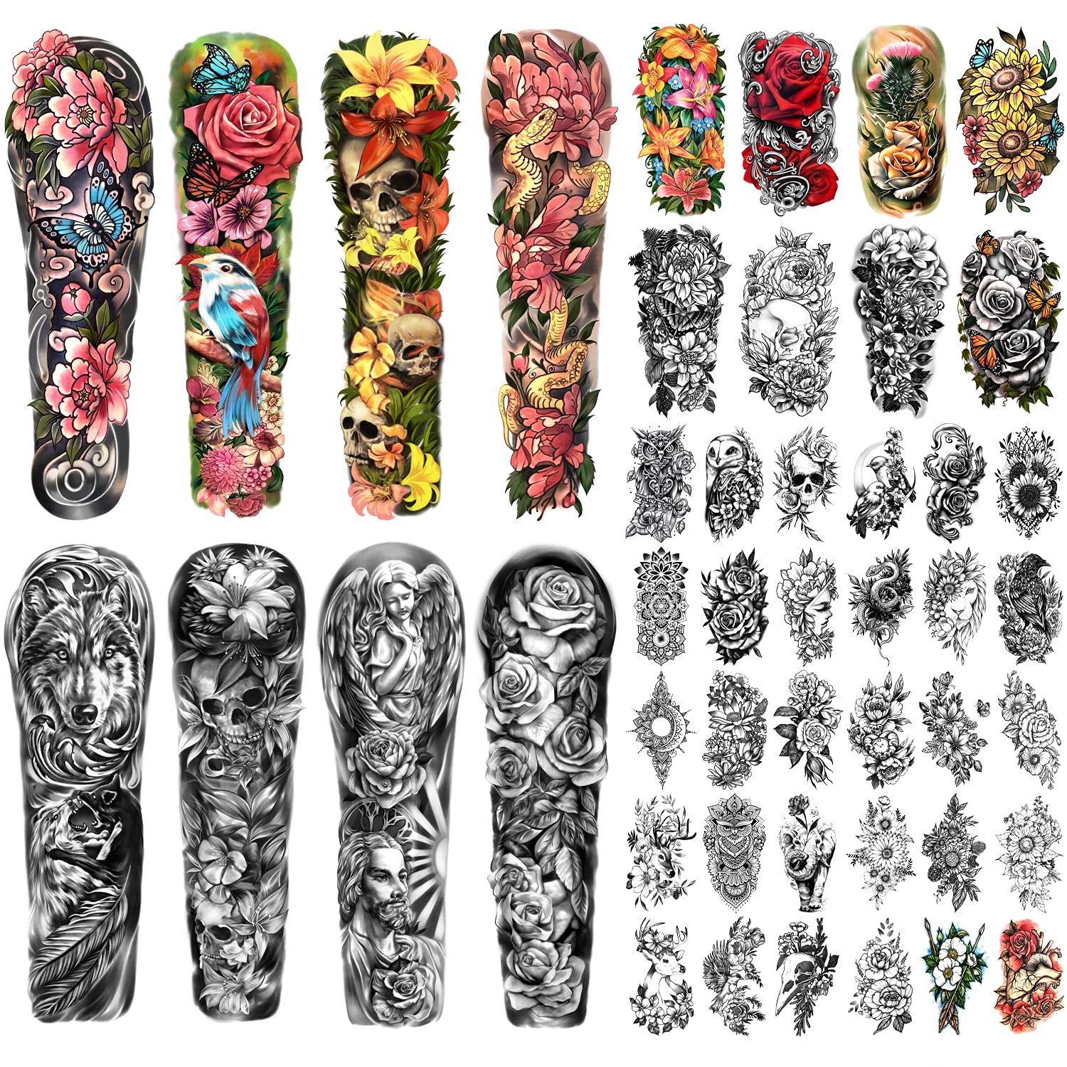 SOOVSY 46 Sheets Extra Size Full Arm Temporary Tattoo Men Skull Wolf Angel  Floral Butterfly Half Arm Shoulder Semi Permanent Tattoo for Women Fake  Tattoos That Look Real Temp Tattoos color-02