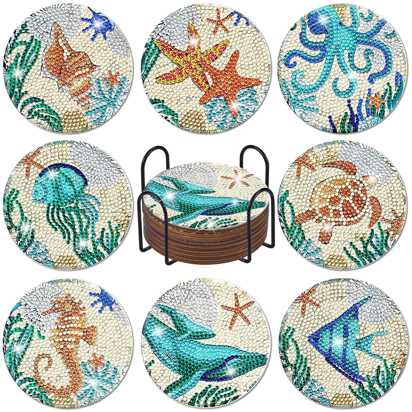 Finphoon Diamond Painting Coasters Kit with Holder 8 Pcs DIY Diamond  Painting Ocean Art Coasters Kit Diamond Painting Art Kits for Adults Kids  Blue