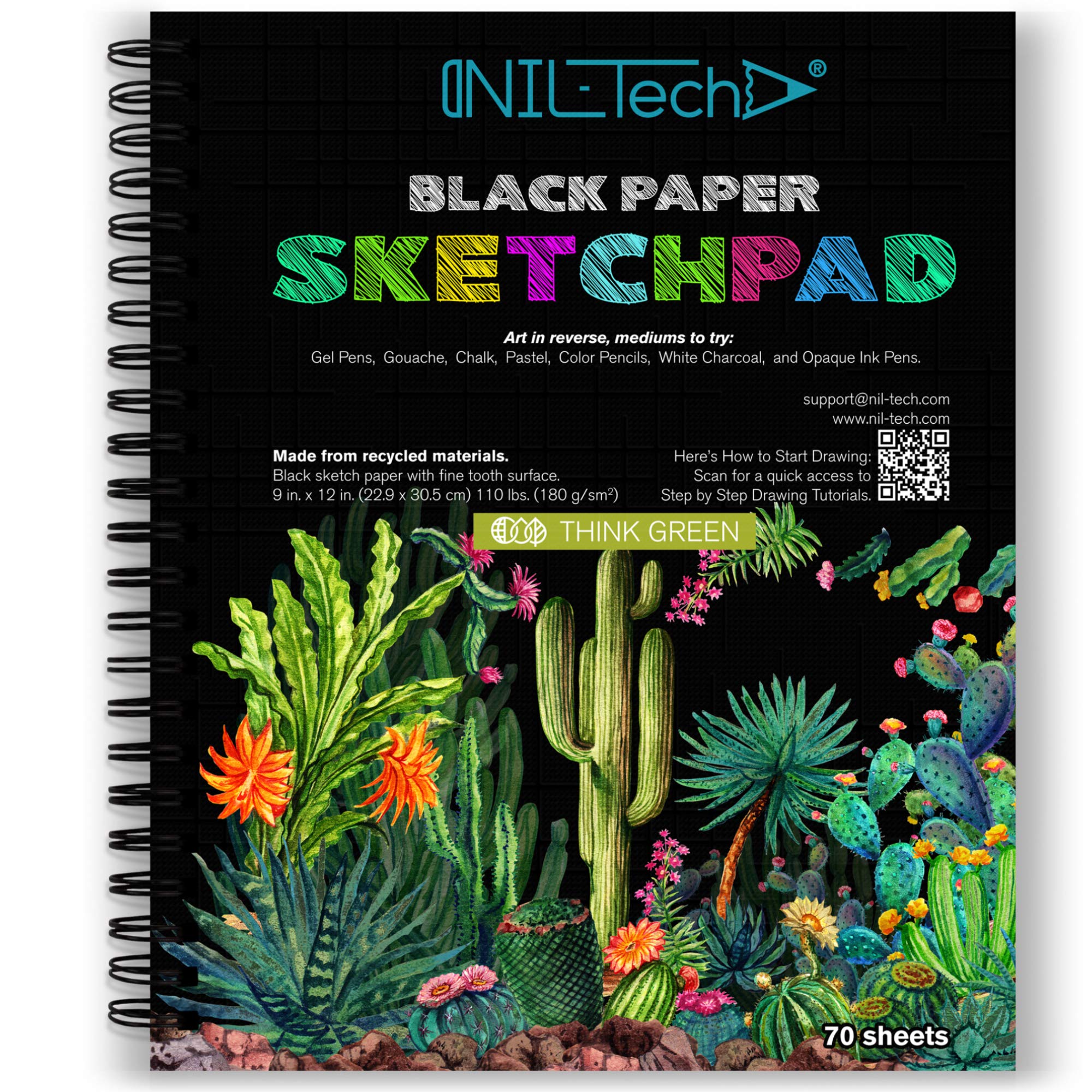 70 Sheets Premium Black Paper Sketchbook - 9 x 12 Inches (110 lb/180 GSM)  Spiral Bound Black Drawing Mixed Media Paper for Gel Pens, Color Pencils,  Chalk, Oil Pastels, and Glow in