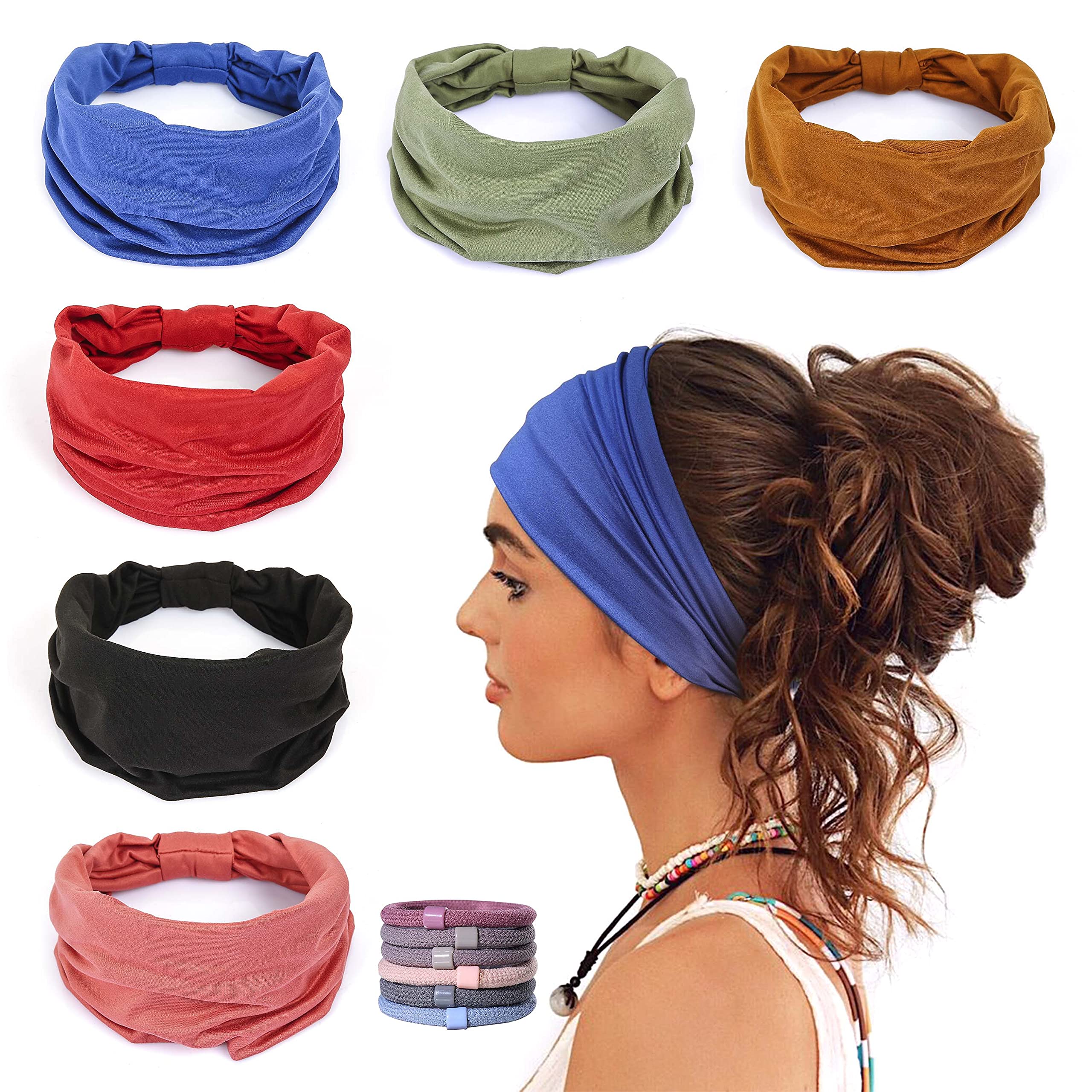 GiLi 6 Pack Wide Headbands for Women Non Slip Soft Elastic Hair Bands Yoga  Running Sports Workout Gym Head Wraps , Knotted Cotton Cloth African  Turbans Bandana ( with 6 Pcs Hair