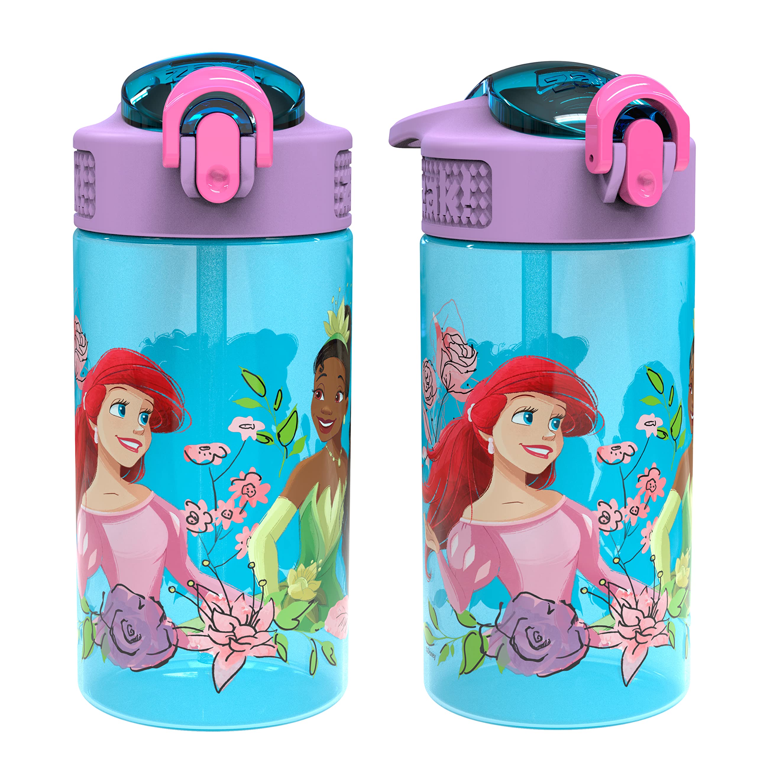 Zak Designs Disney100 Kids Water Bottle For School or Travel 16oz 2-Pack  Durable Plastic Water Bottle With Straw Handle and Leak-Proof Pop-Up Spout  Cover (Disney and Pixar)