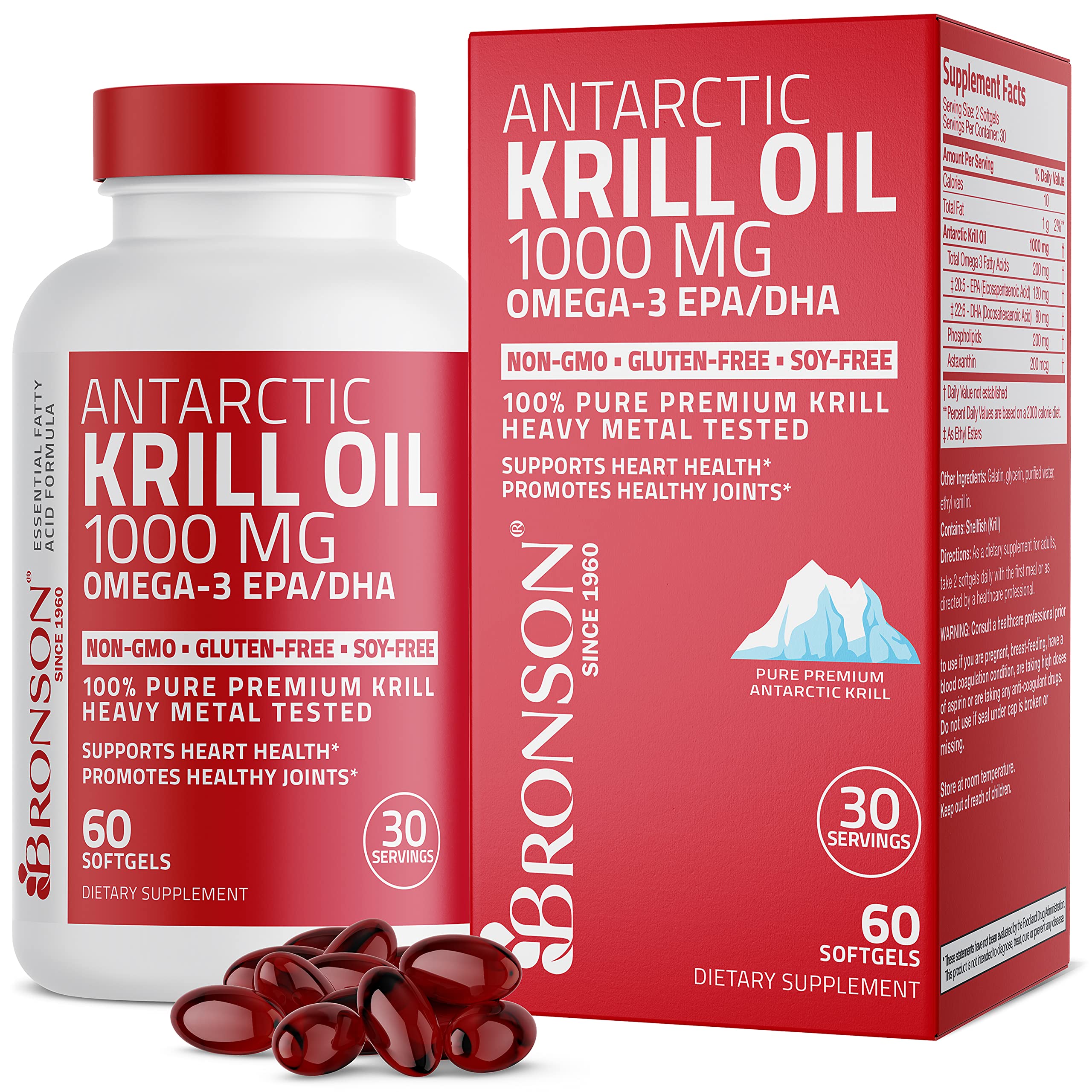 olie emotioneel voorstel Bronson Antarctic Krill Oil 1000 mg with Omega-3s EPA DHA Astaxanthin and  Phospholipids 60 Softgels (30 Servings)