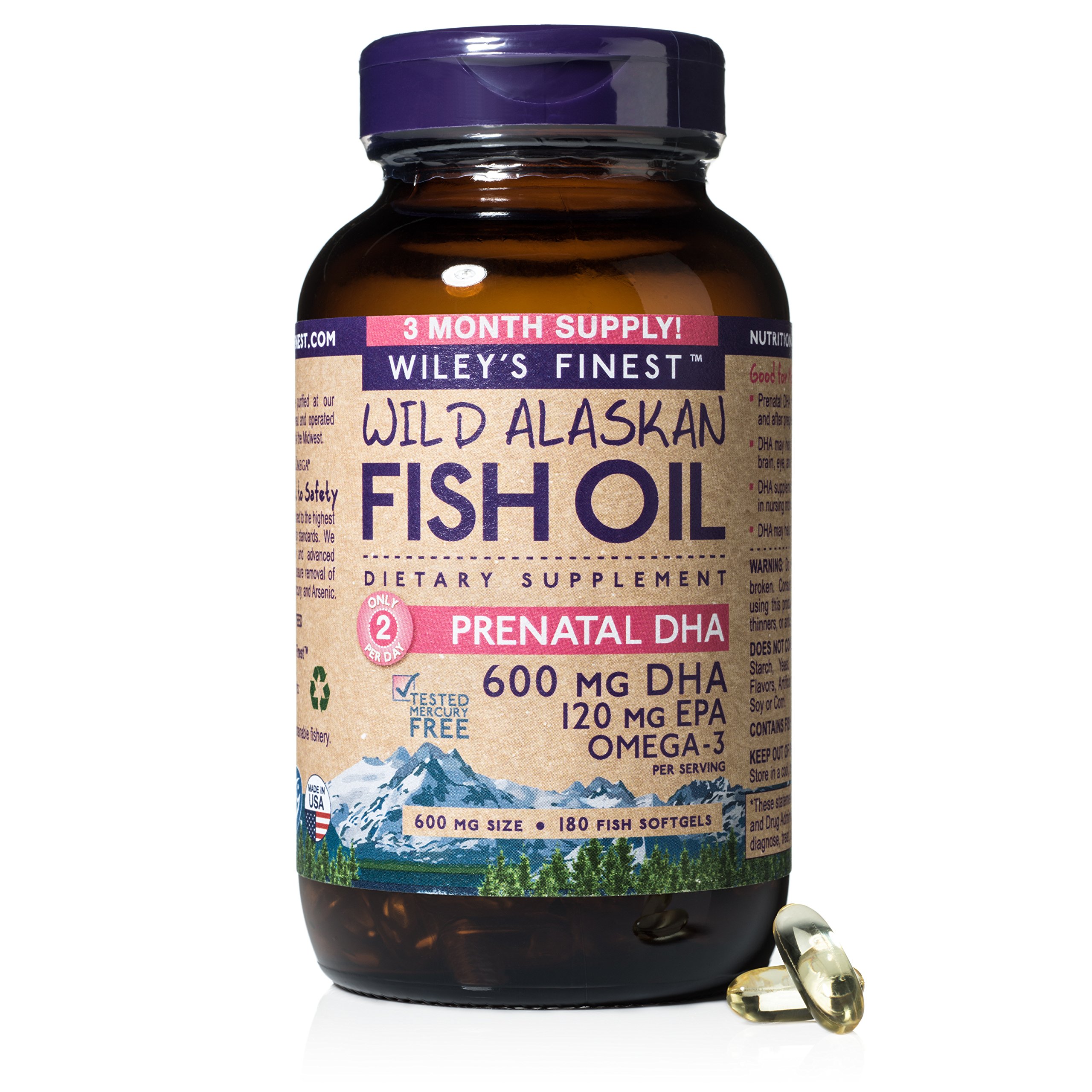 Wiley's Finest Wild Alaskan Fish Oil Prenatal DHA 600 mg 180 Fish Softgels