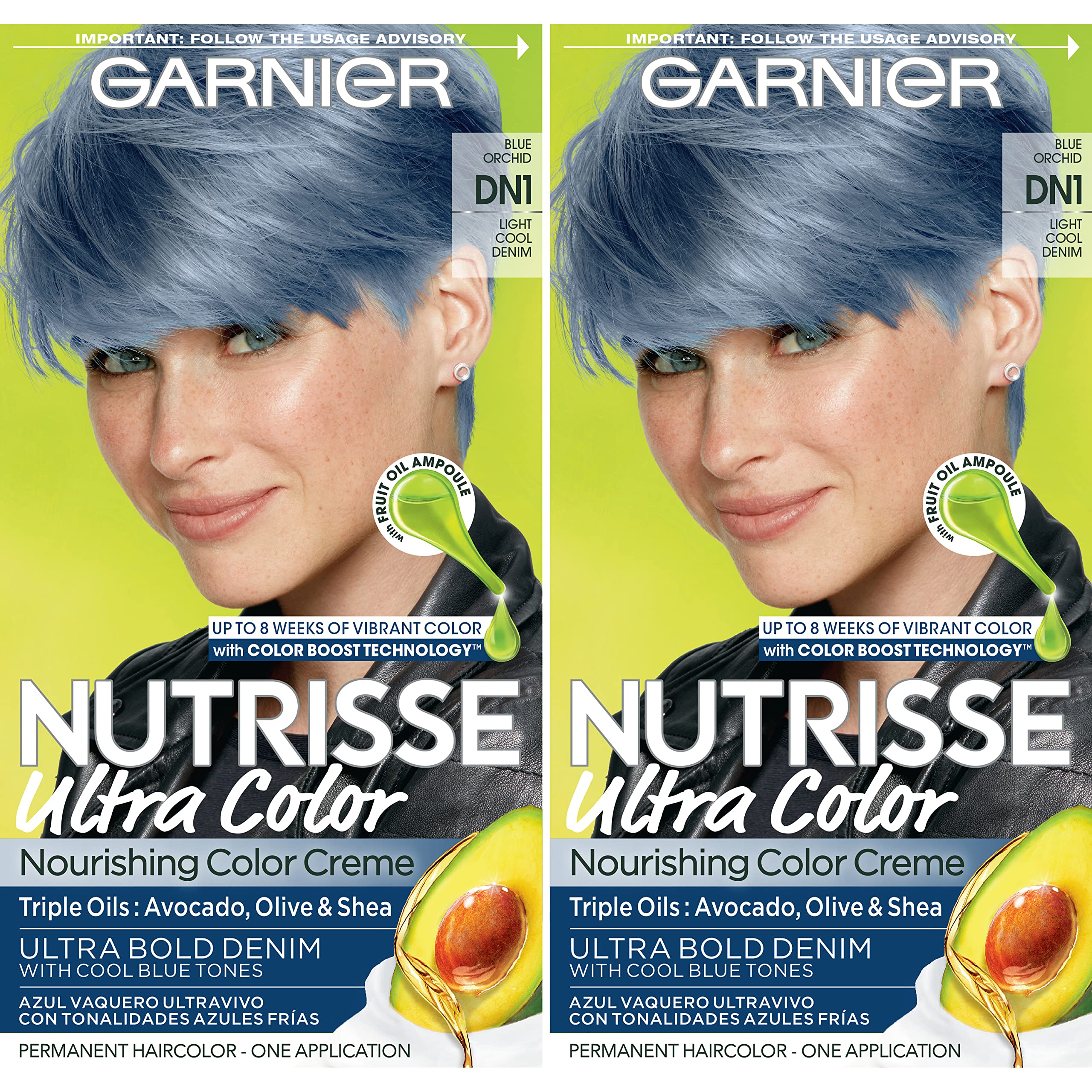Garnier Hair Color Nutrisse Ultra Color Nourishing Creme DN1 Light Cool  Denim (Blue Orchid) Permanent Hair Dye 2 Count (Packaging May Vary)