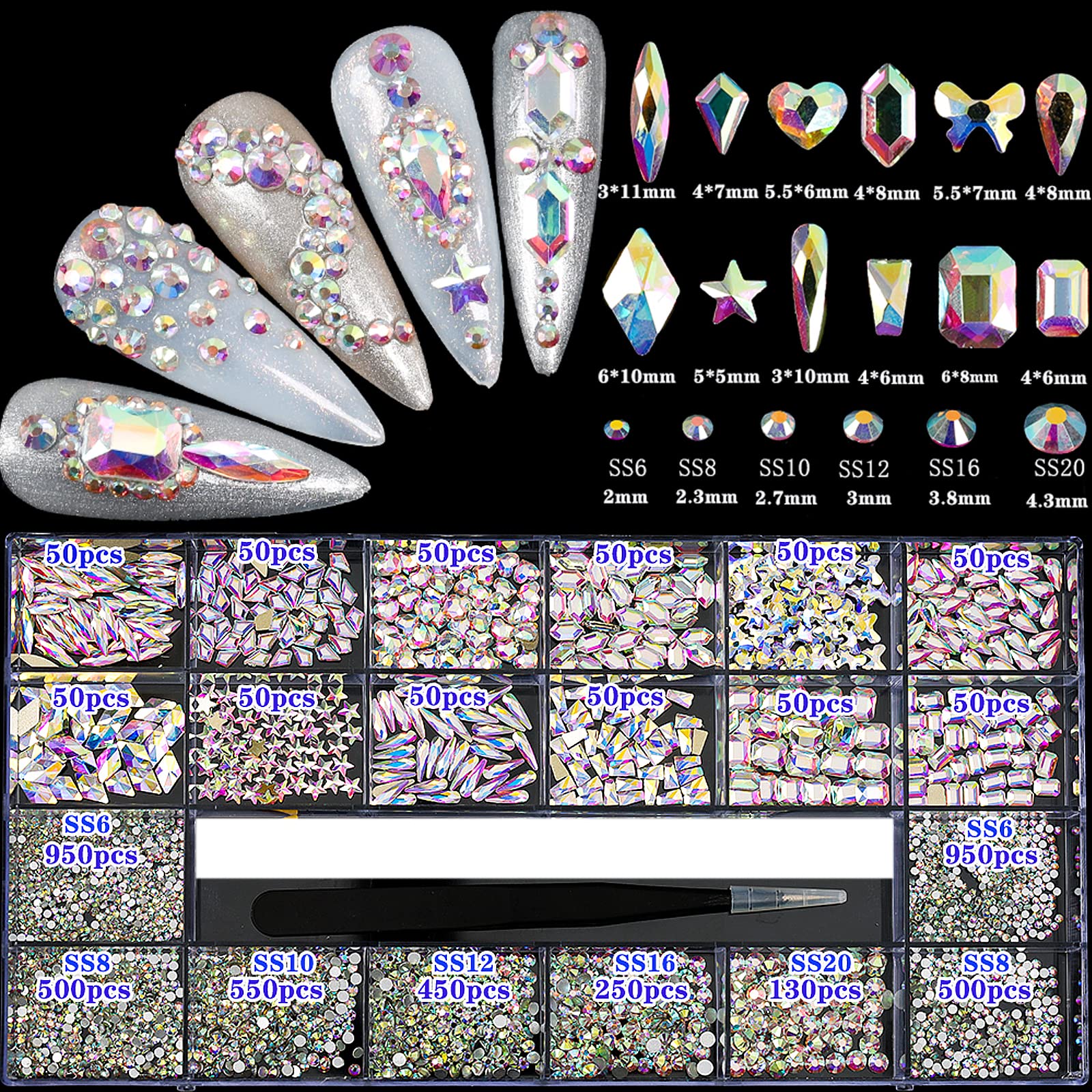 4880Pcs AB Crystal Nail Rhinestones Set, Nail Art Rhinestones Round Beads  Flatback Glass Gems Stones, Multi Shapes Rhinestones Nail Art 3D Crystals  for Nail DIY Crafts Clothes Shoes Jewelry S1-AB Color