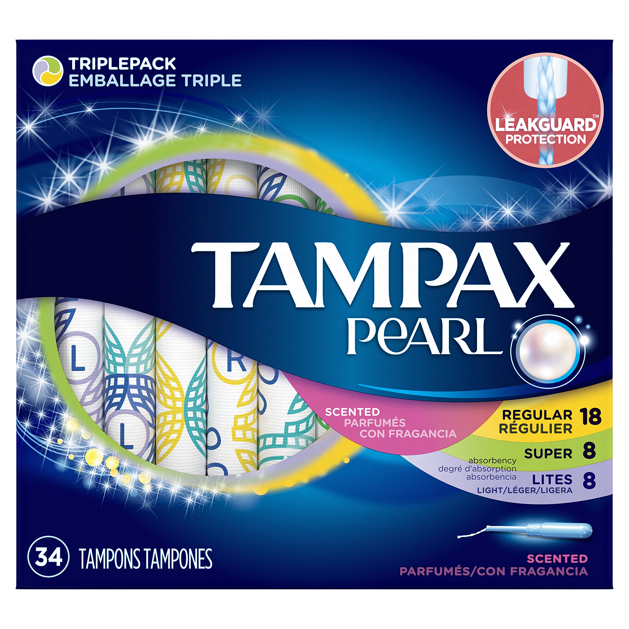 Tampax Pearl Plastic Tampons Light/Regular/Super Absorbency Multipack  Scented 34 Count - Pack of 6 (204 Total Count)