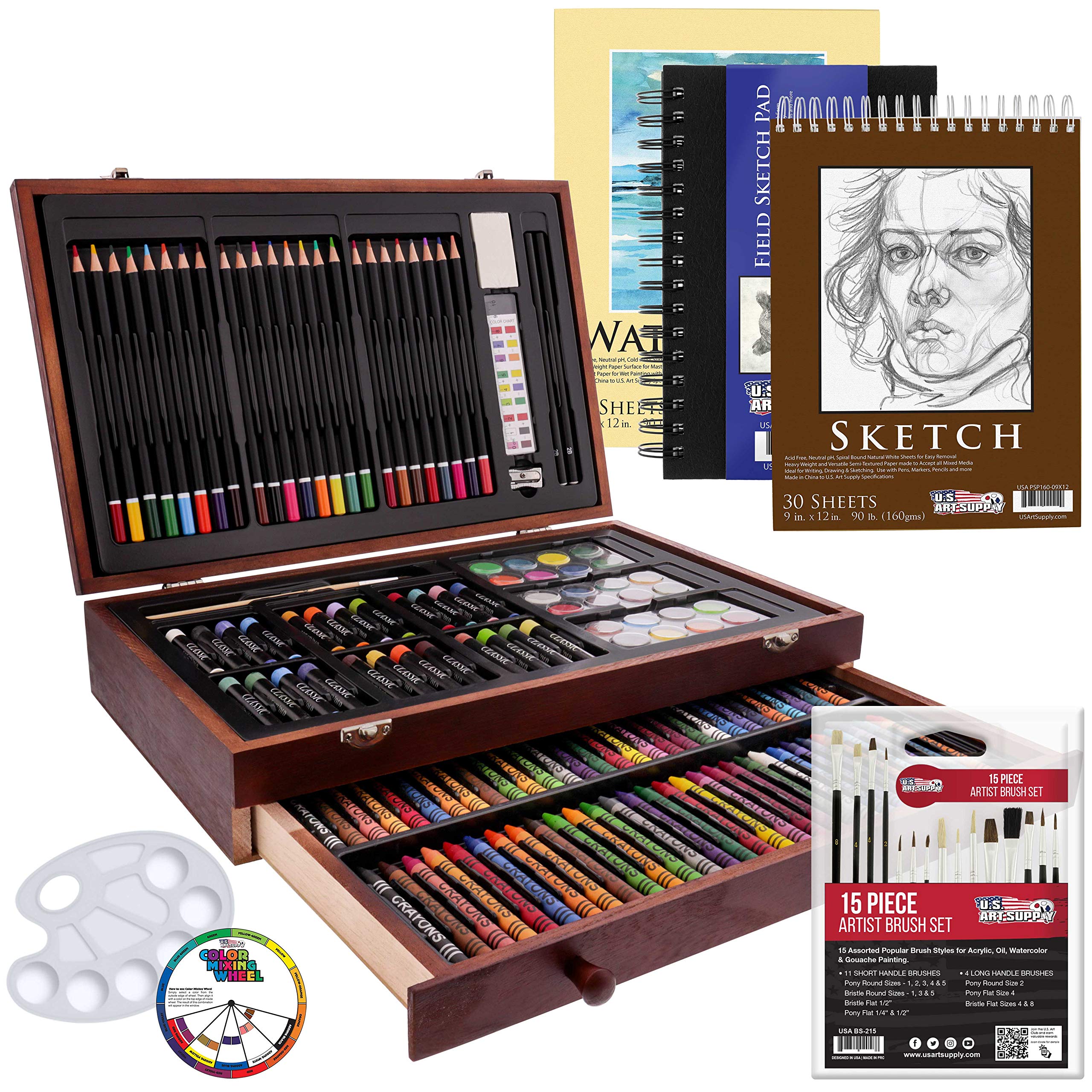 U.S. Art Supply 162-Piece Deluxe Mega Wood Box Art Painting and Drawing Set  - Artist Painting Pad 2 Sketch Pads 24 Watercolor Paint Colors 24 Oil  Pastels 24 Colored Pencils 60 Crayons 2 Brushes