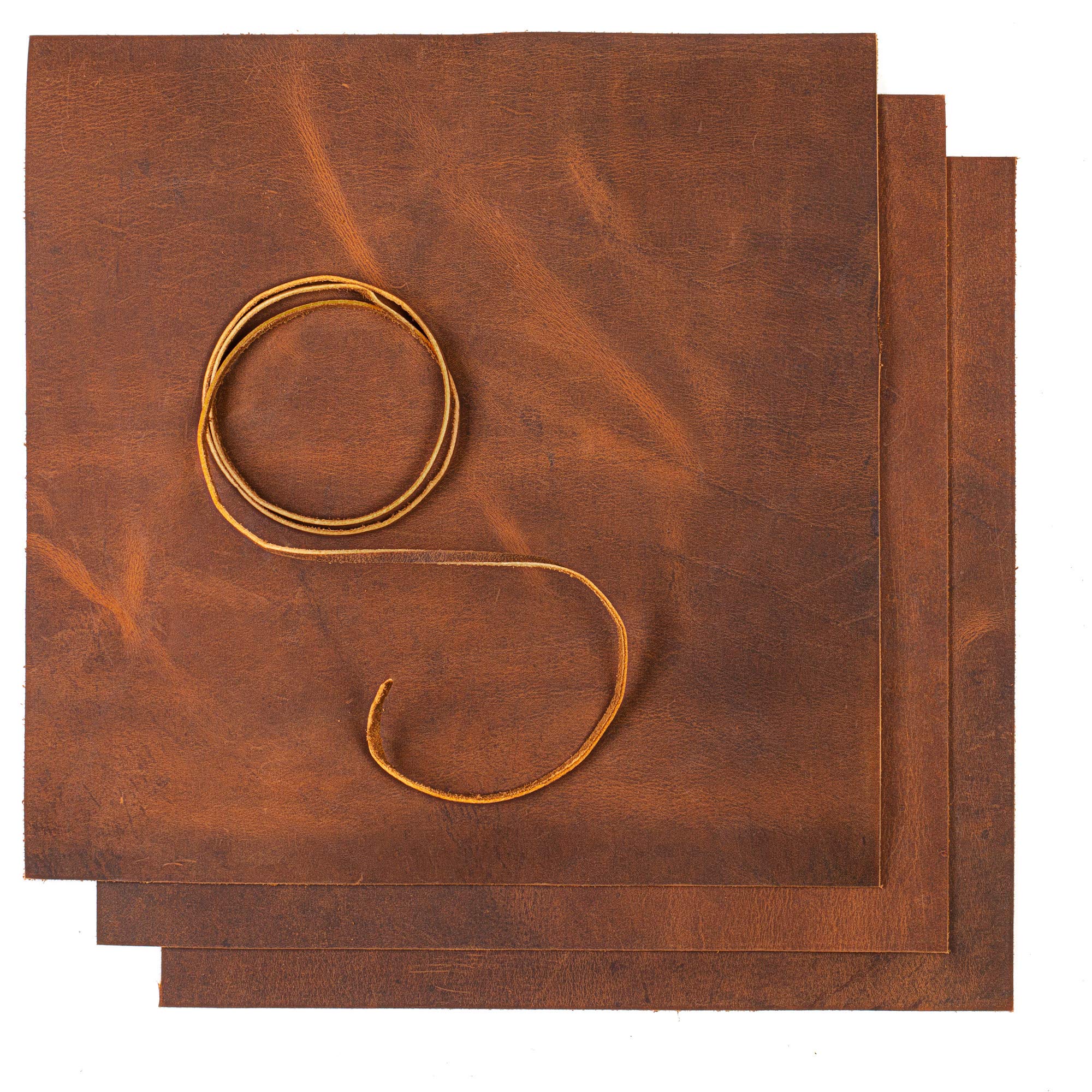 Leather Sheets for Leather Crafts - Full Grain Buffalo Leather Squares -  Great for Jewelry, Leather Wallets, Cricut, Leatherworking Arts and Crafts  Includes 3 Sheets (12x12)+ Leather Cord (36) Brown Squares