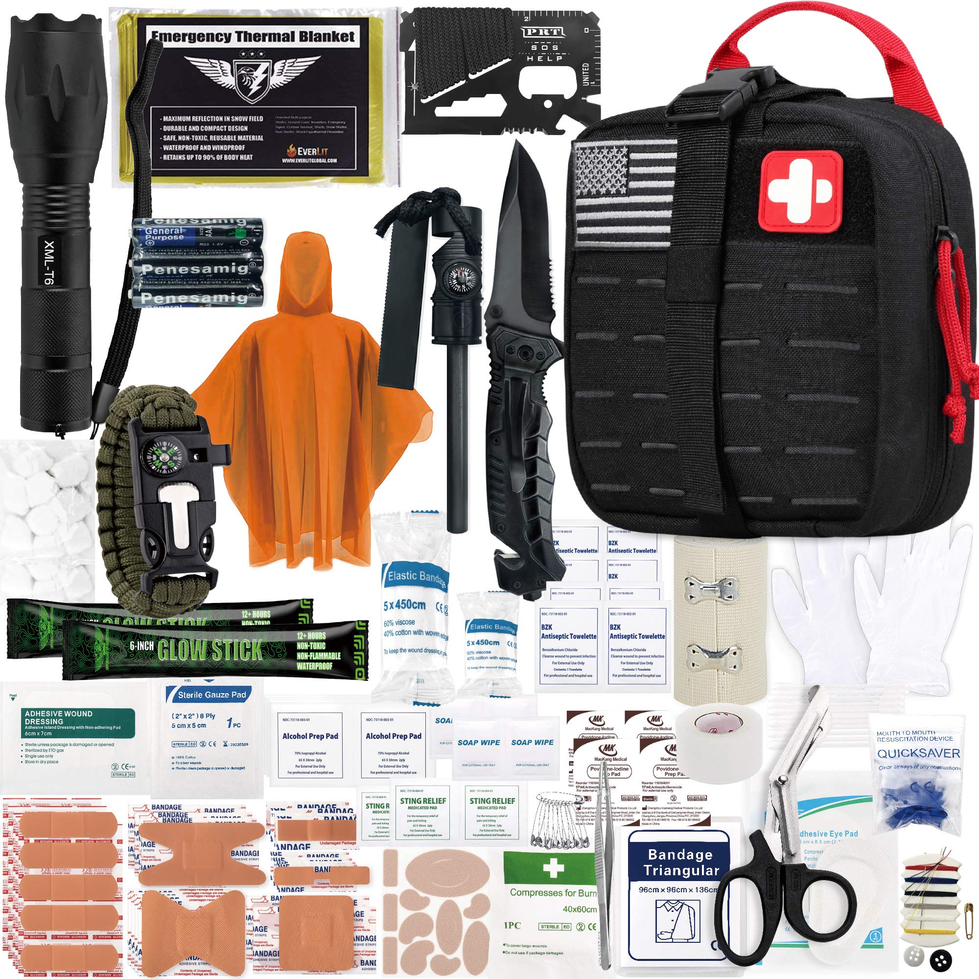 EVERLIT Survival Upgraded Survival First Aid Kit Emergency Gear Trauma Kit  with 1000D Nylon Laser Cut Tactical EMT Pouch for Outdoor, Camping,  Hunting, Hiking, Earthquake, Home, Office Black
