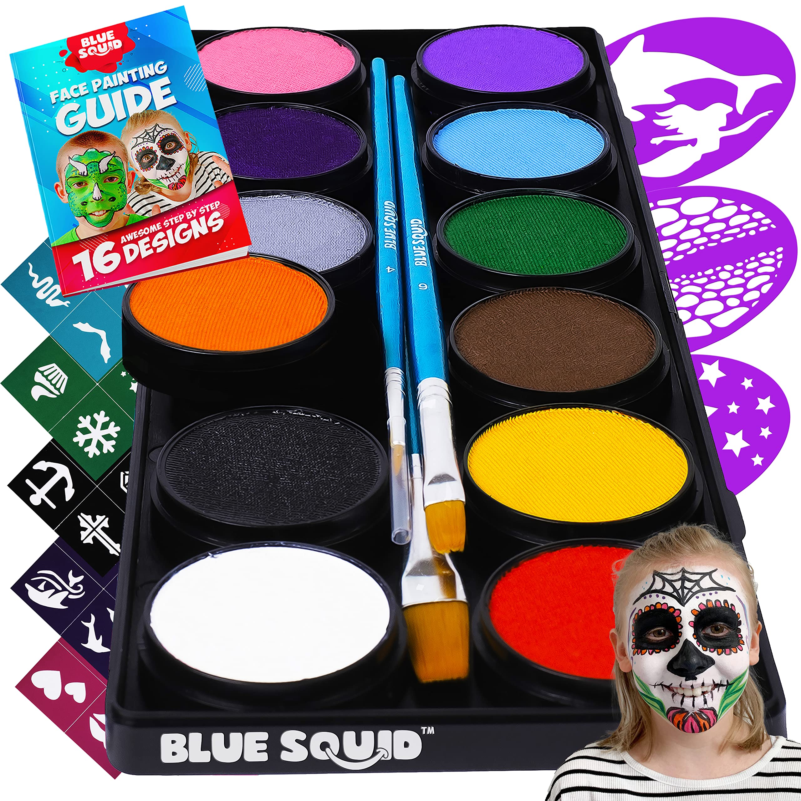 Blue Squid Face Paint Kit for Kids 12 Color Palette, 30+3 Stencils,  Washable Paints, Brushes Guide, Safe Facepainting for Sensitive Skin,  Professional Quality Body & Face Facepaints Halloween Makeup 12 Classic  Color - 1 pack