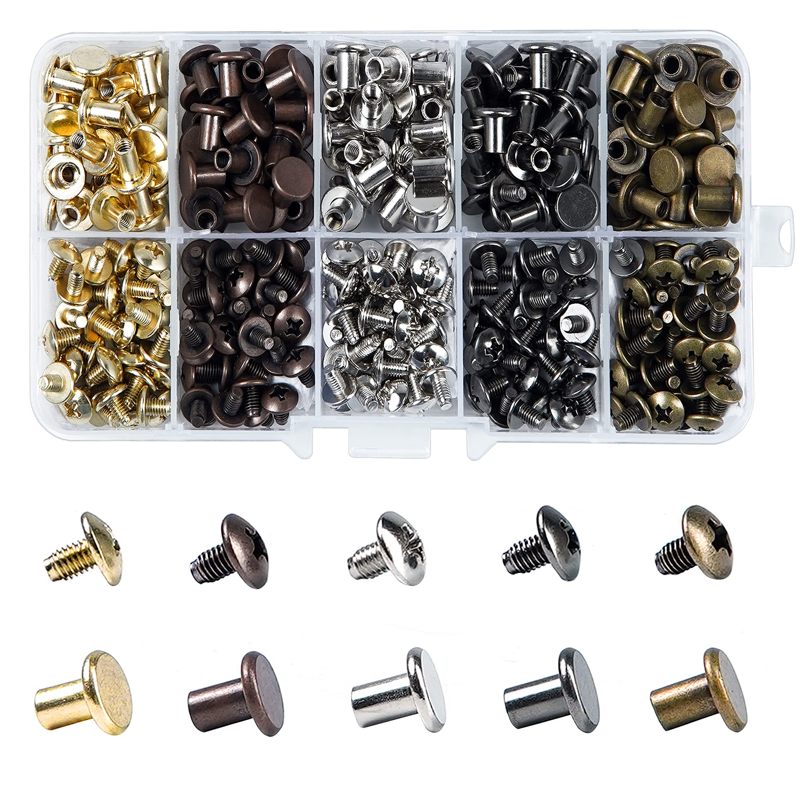JOZAMER 150 Sets Chicago Screws for Leather 8mm 6mm Screw Rivets in 5  Colors (Gold Bronze Silver Antique Copper & Gun Metal) for DIY Handbags  Belts Binding Photo Albums & Shoes 6 mm (15/64 inches)