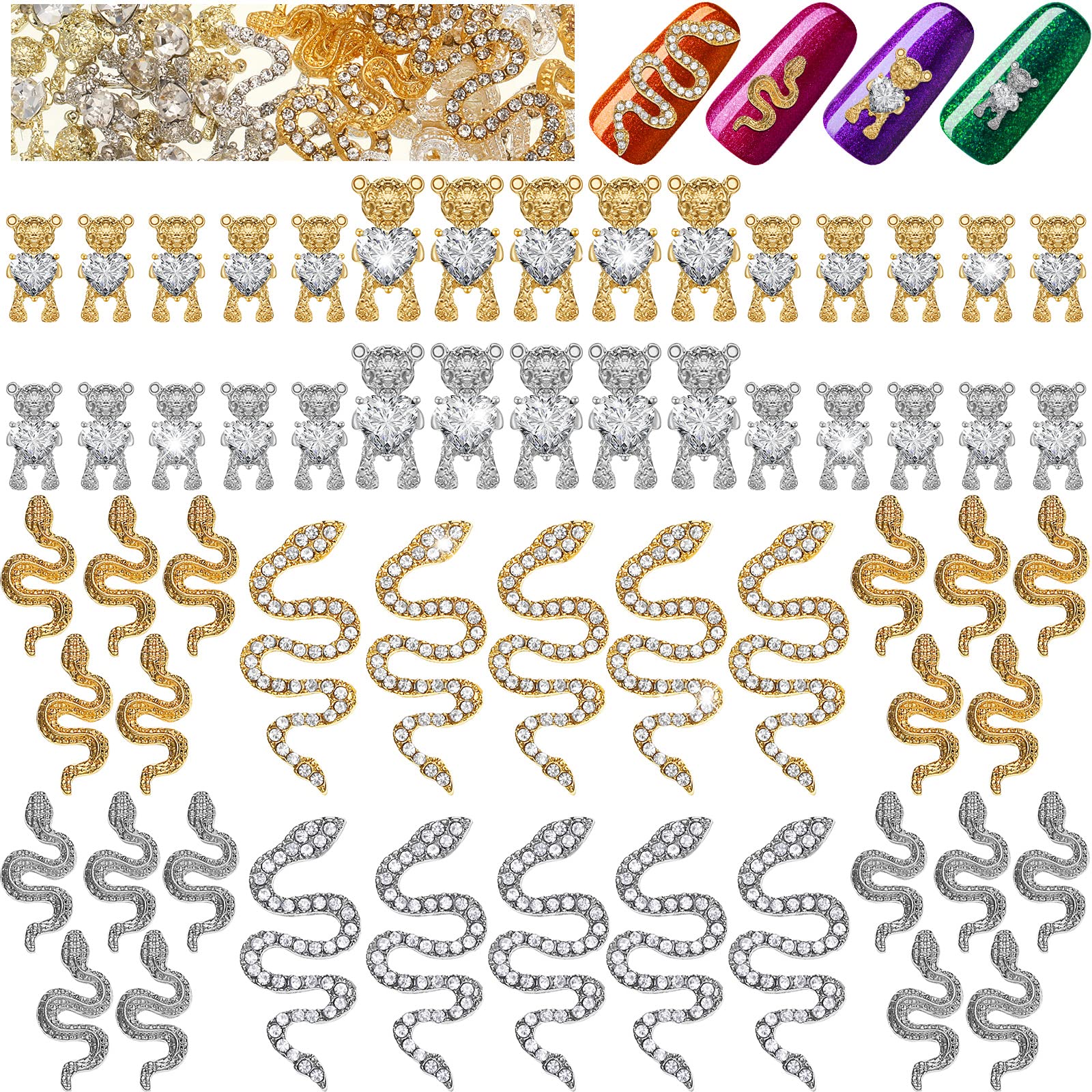 60 Pcs 3D Bear Nail Art Rhinestones and Snake Nail Charms Rhinestones Set  Wave Snake Nail Charms Crystal Bear Nail Charms with Heart Zircon Gold Silver  Nail Gems and Charms for DIY