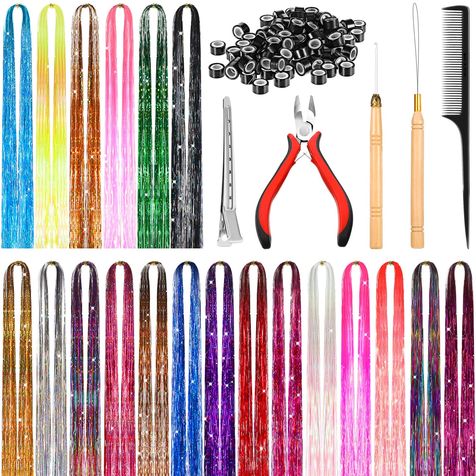 Hair Tinsel Kit, 10 Colors Tinsel Hair Extensions with Tools (a Plier+a  Pulling Needle+200pcs Silicon Lined Beads), Glittery Fairy Sparkingly  Hairpiece for Party Halloween Christmas New Year 10 colors( Black,Blue,  Red, Pur…