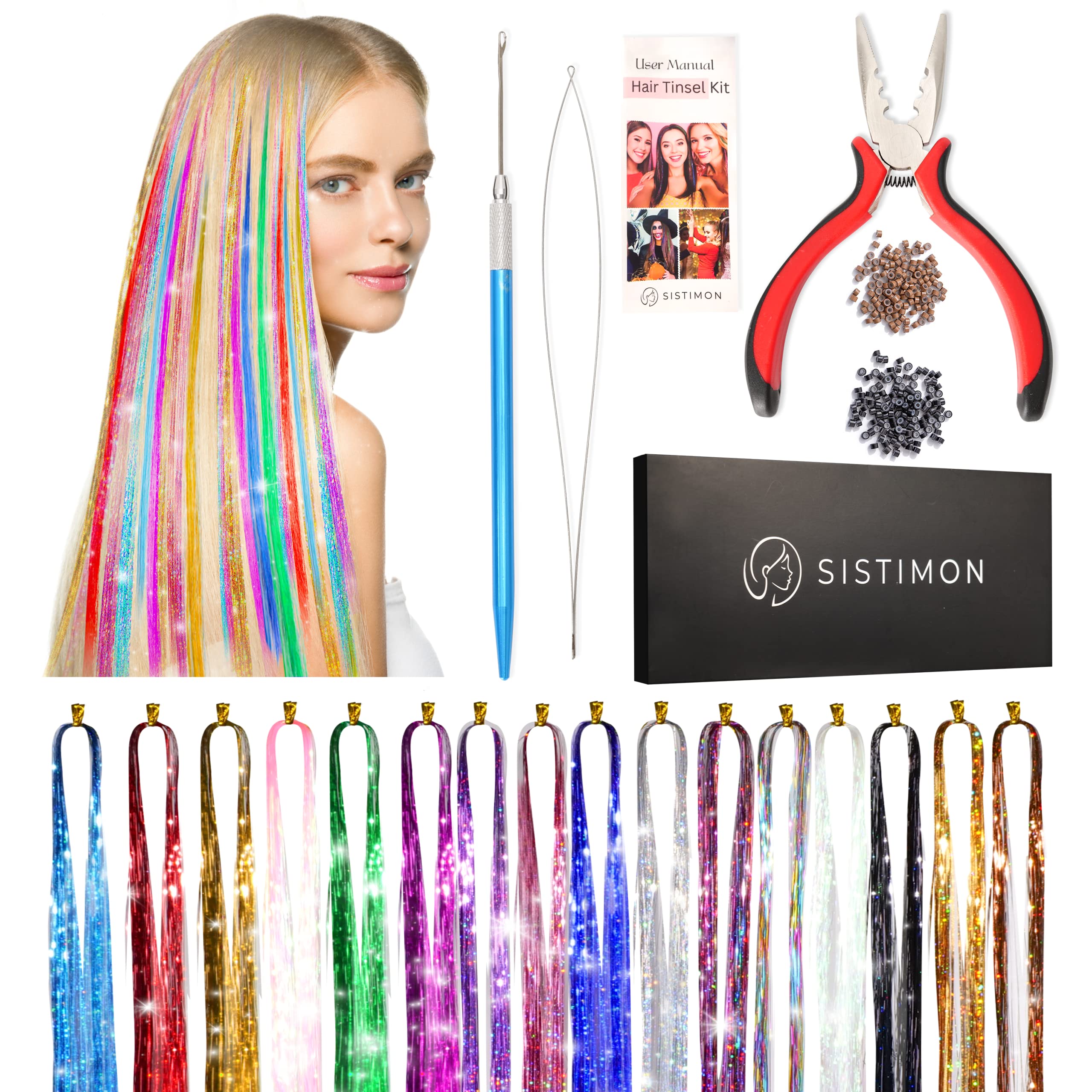Hair Tinsel Kit Fairy Hair Tinsel Kit 16 Colors 3200 strands 47 Inch Tinsel  Hair Extensions Kit Heat Resistant with Glitter Hair Extensions Micro Beads  and Styling Crochet Tools for Women Girls