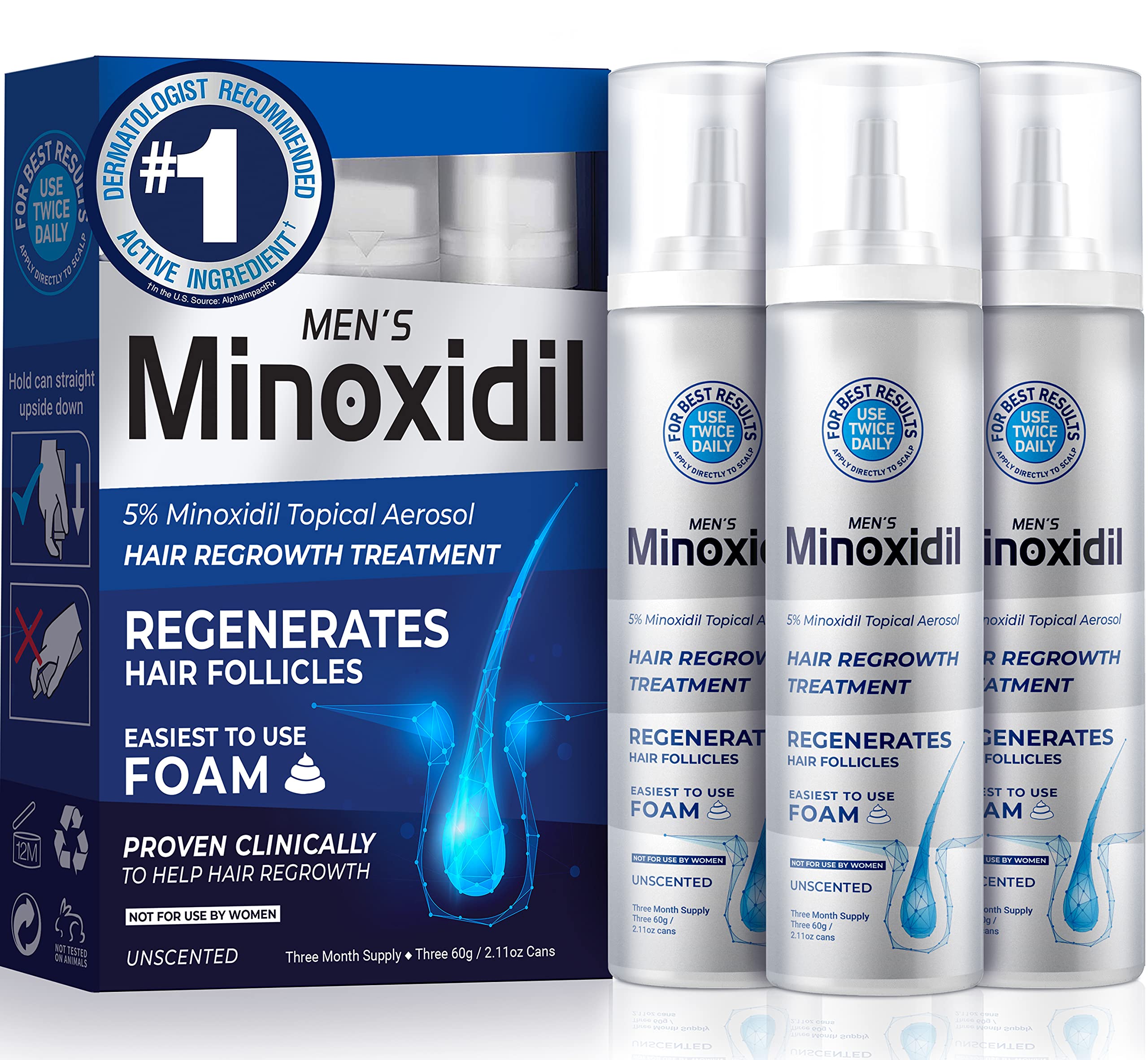Health Men's 5% Minoxidil Foam Hair Regrowth Treatment, Easier to Use than Topical Liquid,