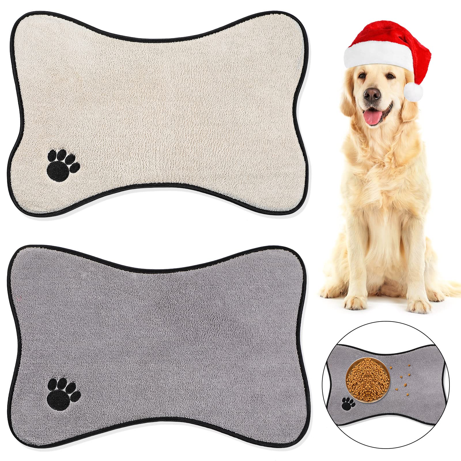 Dog Mat for Food and Water 2 Pieces Bone Shape Dog Mats Non-Slip