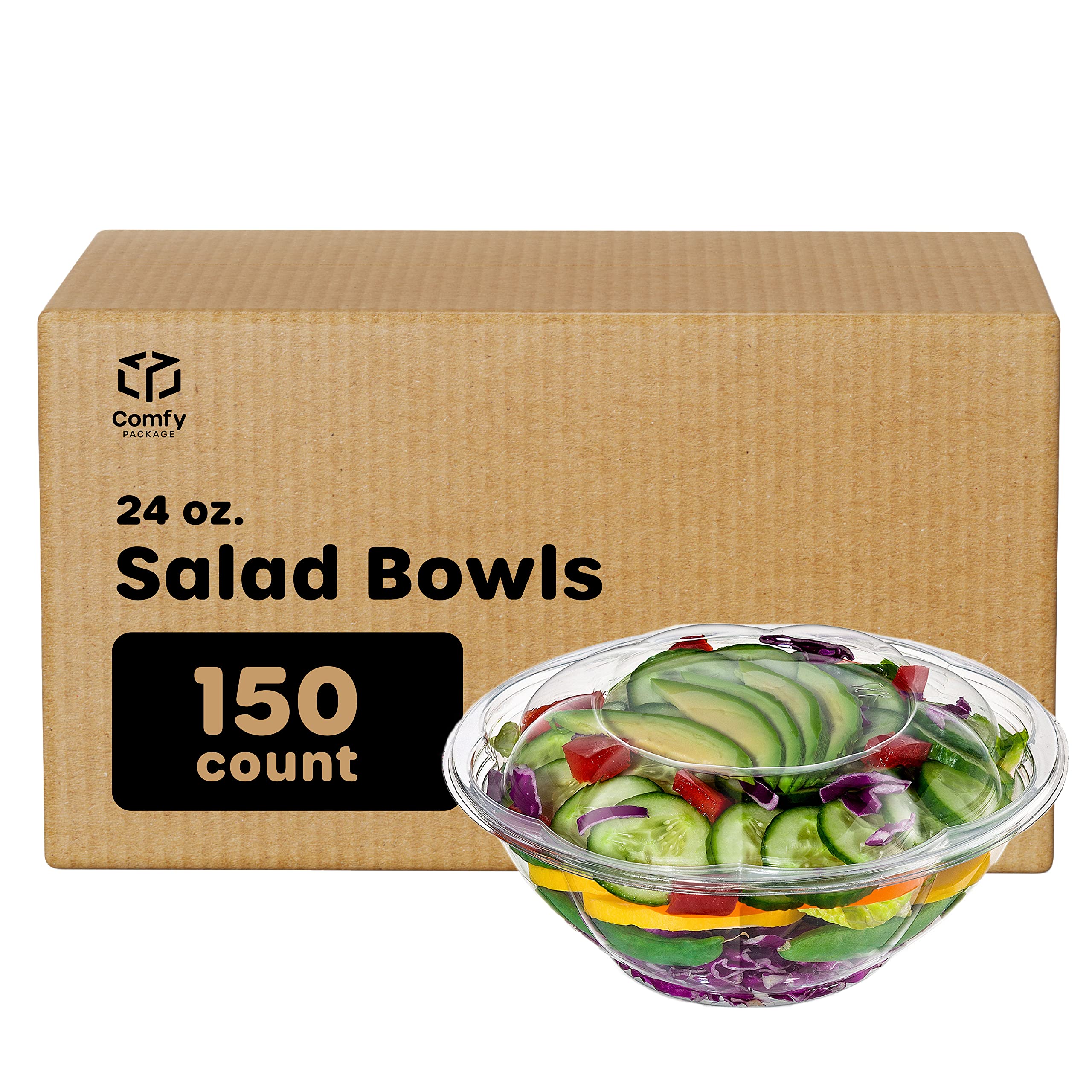 Comfy Package Bulk Case of 3/50 Sets 24 oz. Clear Plastic Salad Bowls To Go  With Airtight Lids 24 oz 150 Count - Clear