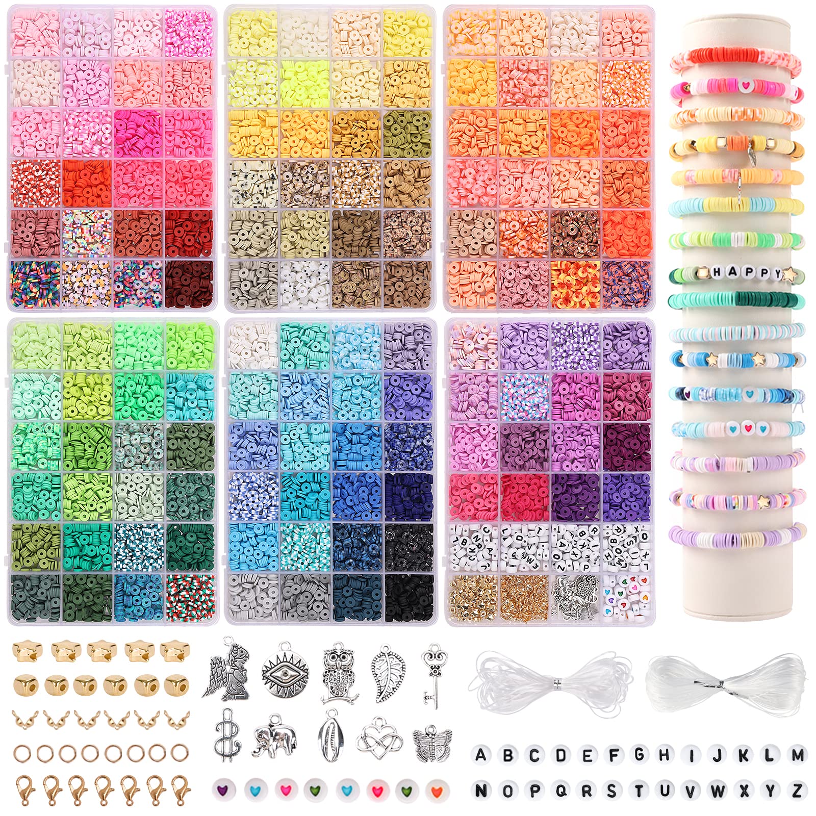 QUEFE 14000pcs, 136 Colors Clay Beads for Bracelet Making Kit Flat Round  Polymer Clay Beads Spacer Heishi Beads for Jewelry Making with Pendant  Charms Kit Letter Beads and Elastic Strings